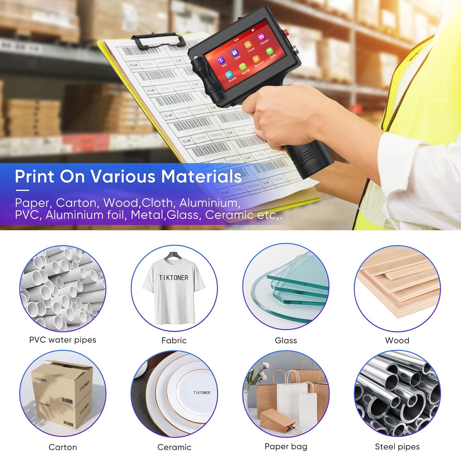 Handheld Printer Portable 1580P1 with 4.3 Inch Touch Screen Quick-Drying Handheld Inkjet Printer Printing Height 0.08-0.5