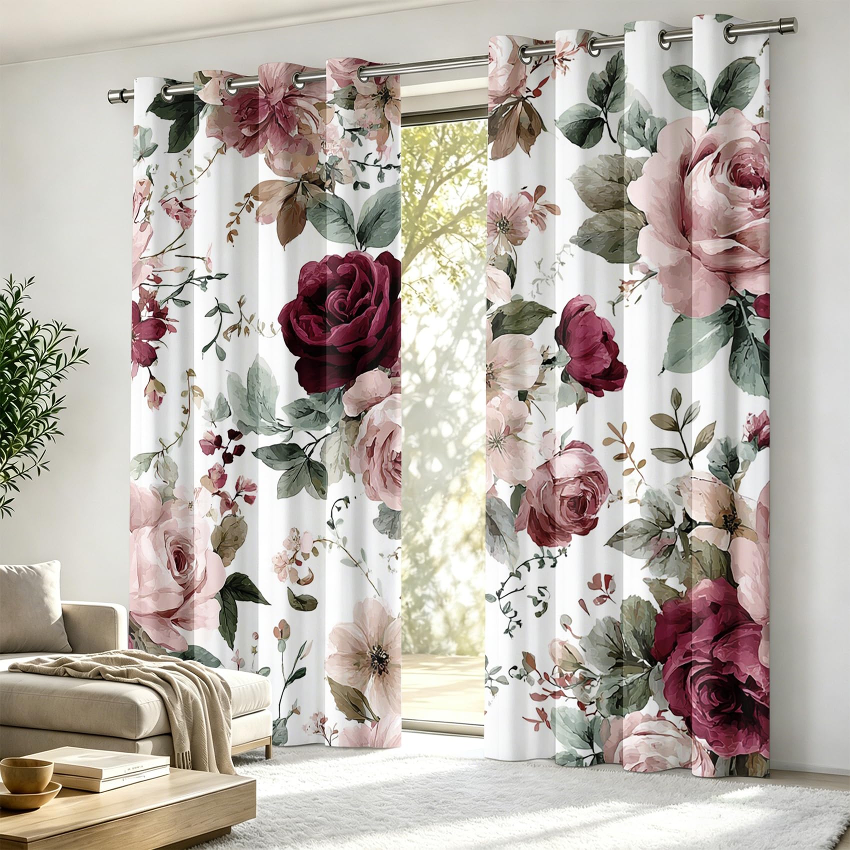 Luxfieo Rose Floral Blackout Curtains for Living Room Bedroom - 108 Inch Drop Curtains 90x108, Vintage Flower Pink Floral Roses Botanical Window Treatments, Thermal Eyelet Drapes 2 Panels