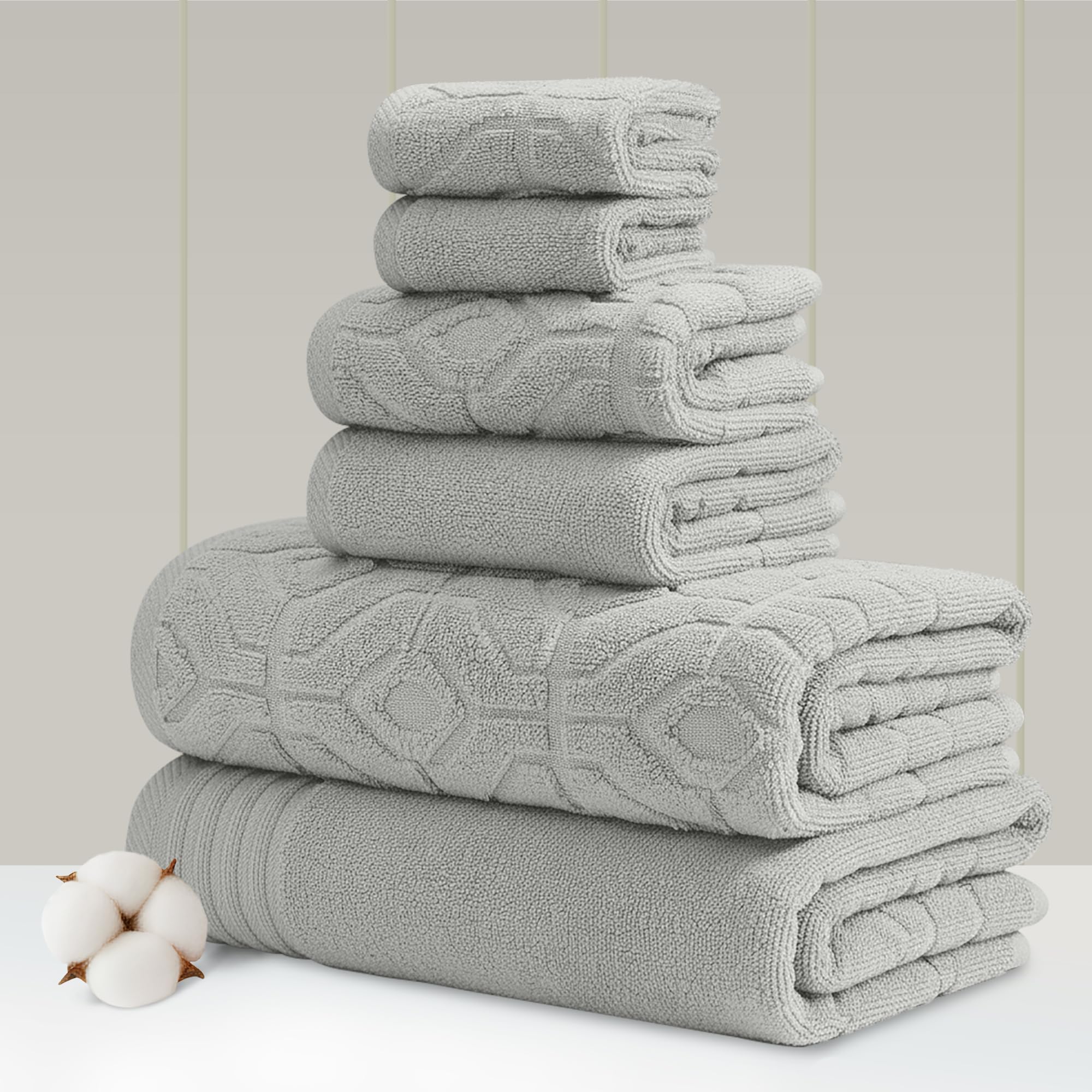 Modern Threads 6 Piece Set, 2 Bath Towels, 2 Hand Towels, 2 Washcloths Yarn Dyed Diamond Gate Jacquard Towel Set Silver