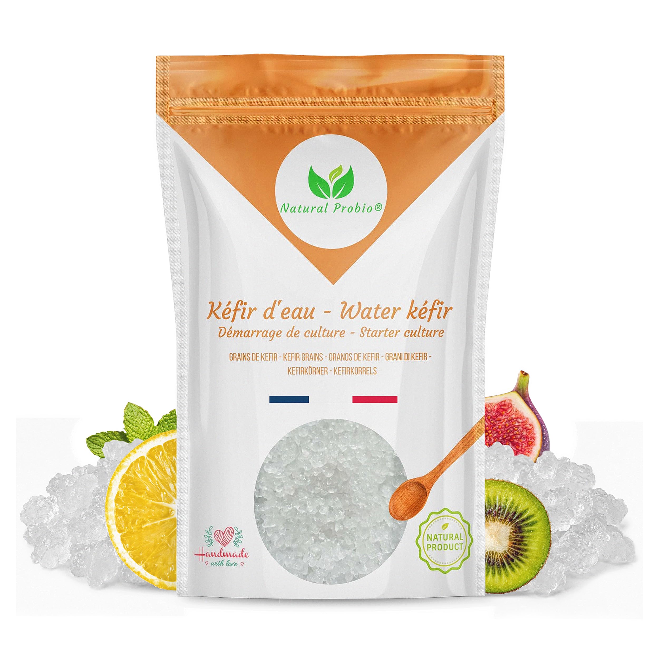 Natural Probio® Kéfir d'eau - Kit de démarrage de Culture - Grains de kefir de Fruit + Notice complète Recette et Conseils + Accès Ebook, Bibliothèque Recettes