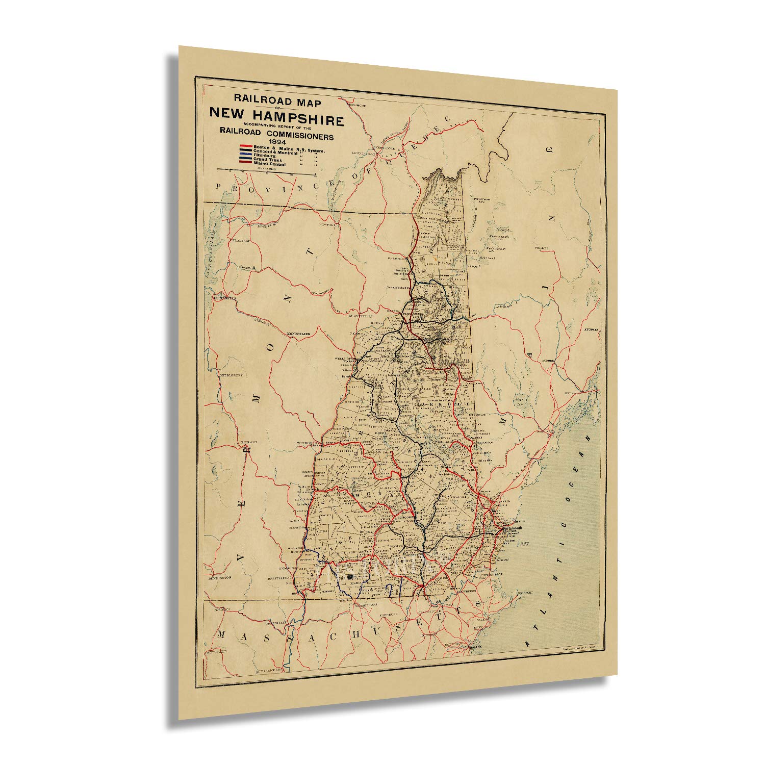 HISTORIX Vintage 1894 New Hampshire Map - 18x24 Inch Vintage Map of New Hampshire Wall Art - Historic Railroad Map of New Hampshire Vintage Poster - Old New Hampshire Wall Decor