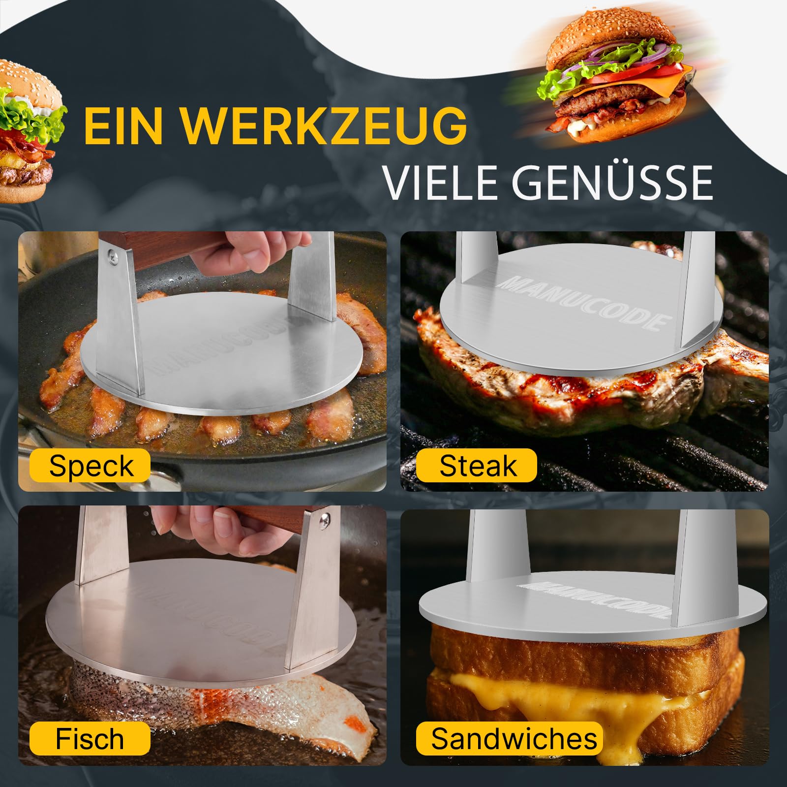 Smash Burgerpresse aus Edelstahl mit Holzgriff, 17 cm Rund, 1 kg | Burger Smasher für Grillfans, kompakt für Steak und Bacon, leicht zu reinigen, für Grill und Pfanne, flache Pressfläche