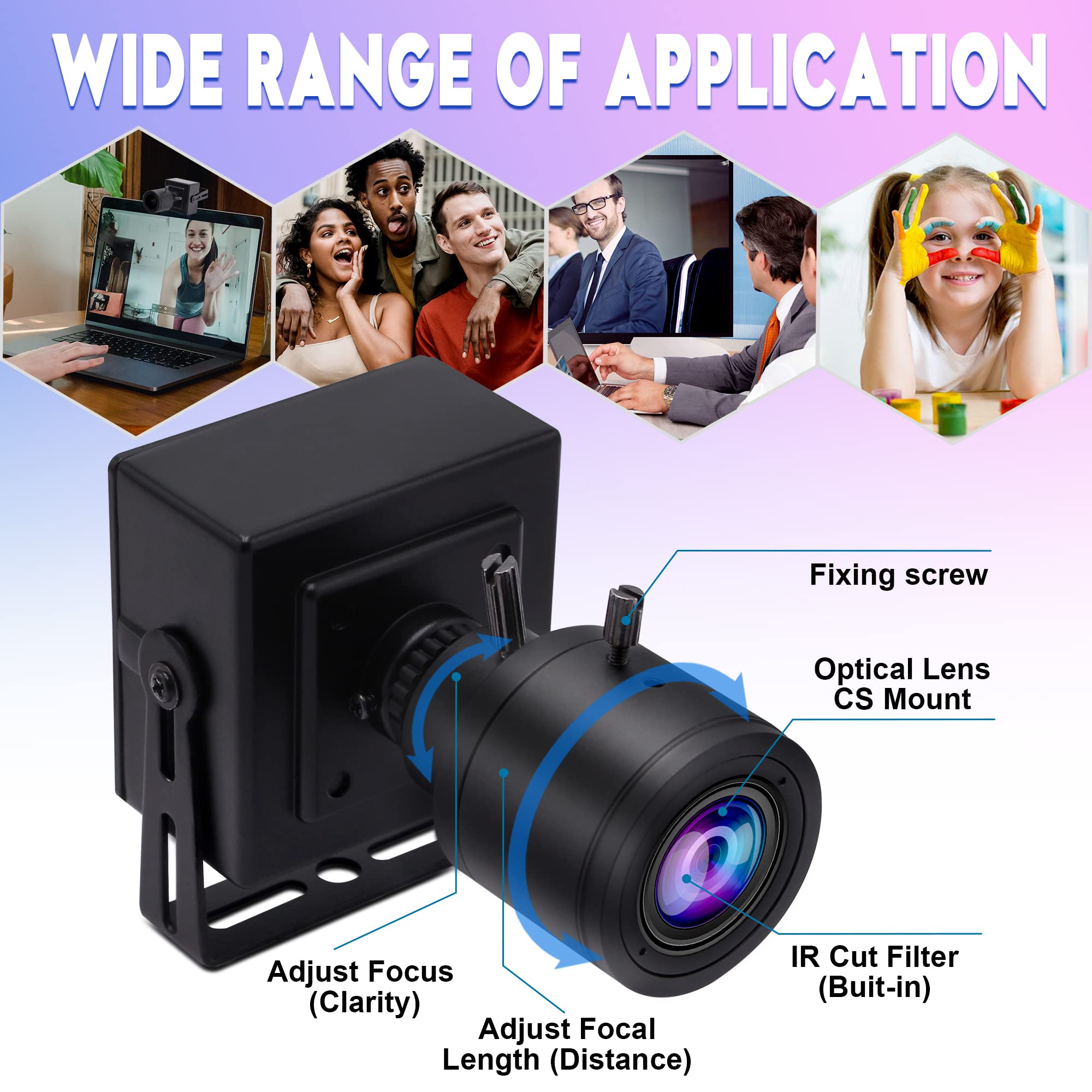 ELP Webcam da 8 megapixel con obiettivo Vario da 2,8 – 12 mm, fotocamera USB per computer, grandangolo, plug and play per desktop e laptop, 2448P IMX179 Sensor Streaming Webcam per Windows Android