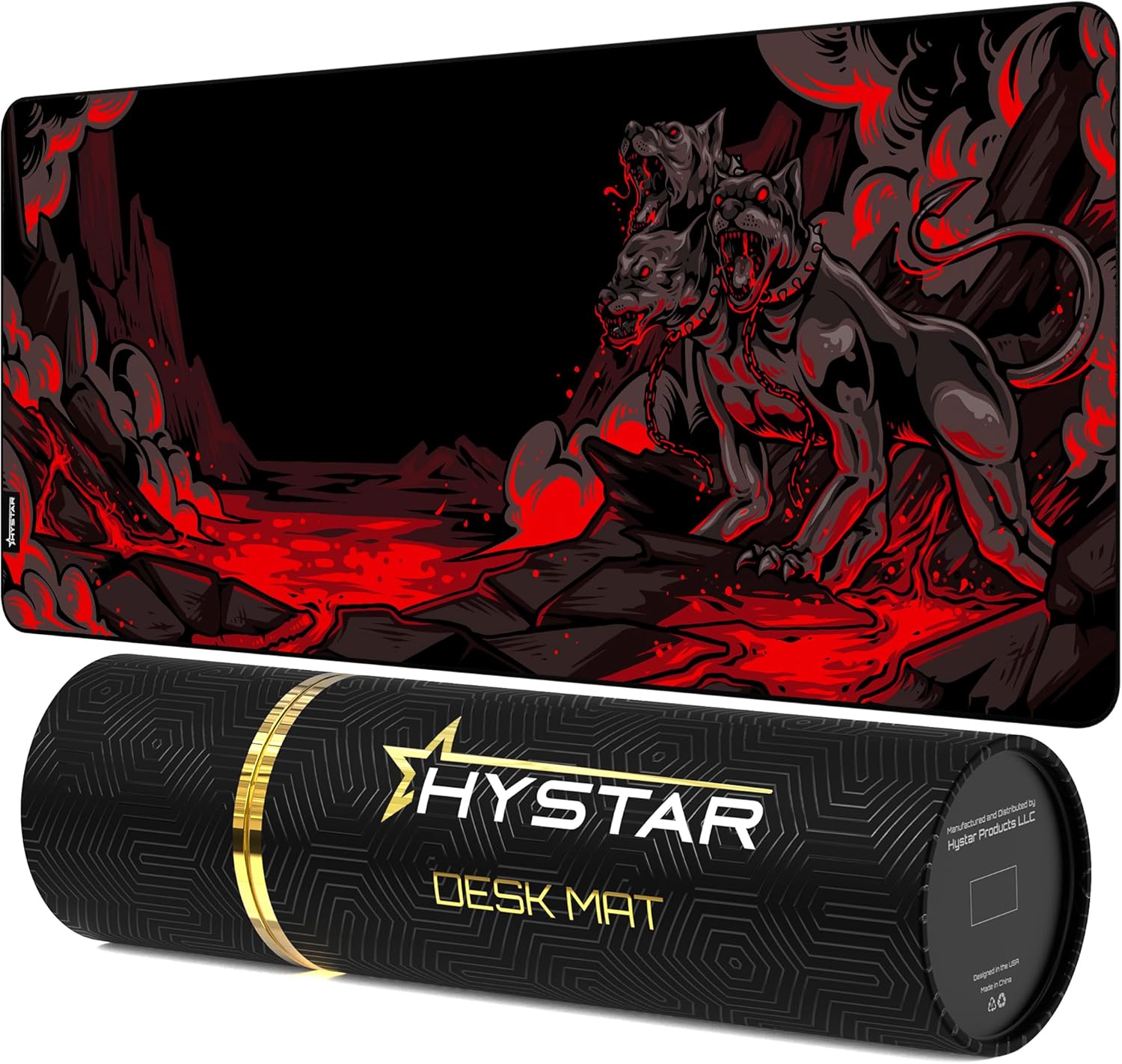 Hystar® Extended Gaming Mouse Pad | XXXL 45" x 20" | 5mm Thick, Waterproof Surface, Smooth Polyester Fabric, and Natural Rubber Base | Mythic Cerberus