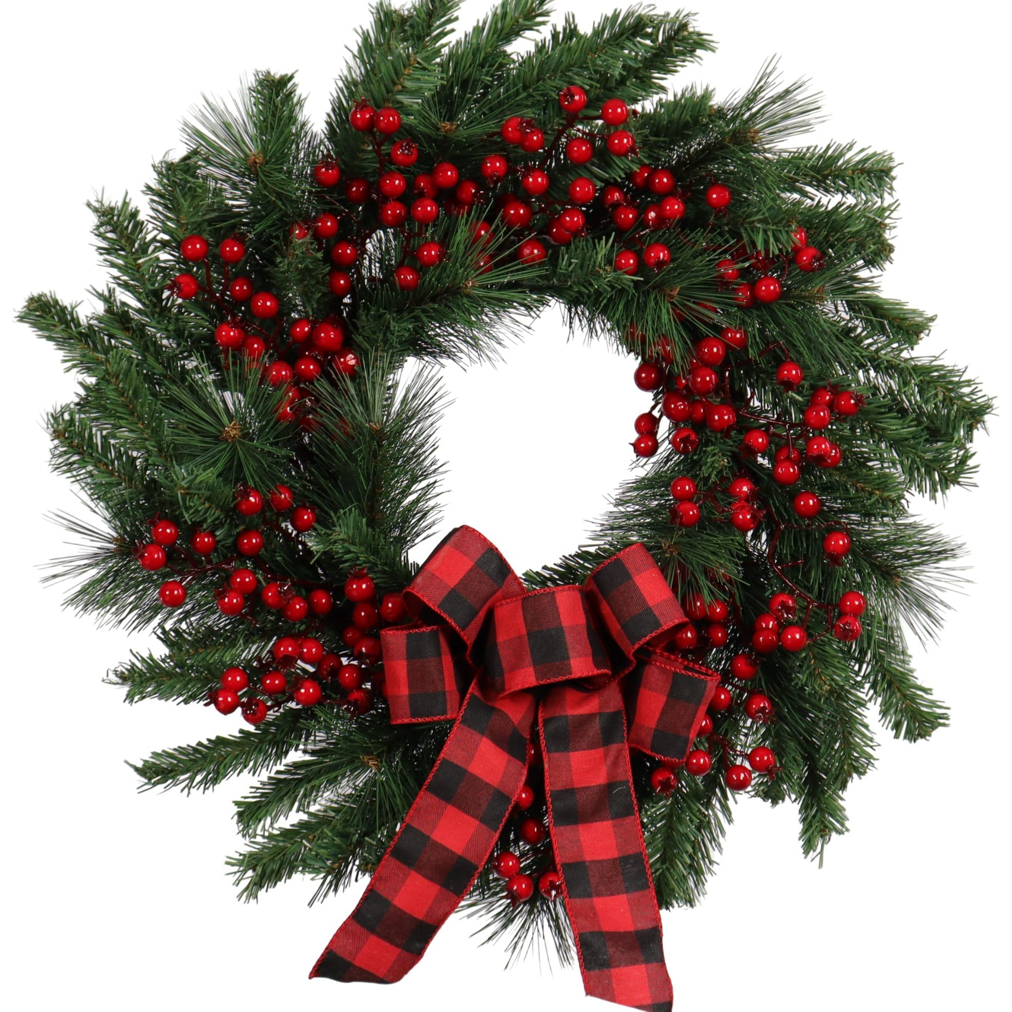 22 in Artificial Christmas Wreath with Red Berries and Black Red Checkered Ribbon - Lush Pine Needle Wreath for Holiday Home Decor and Christmas Door Decoration