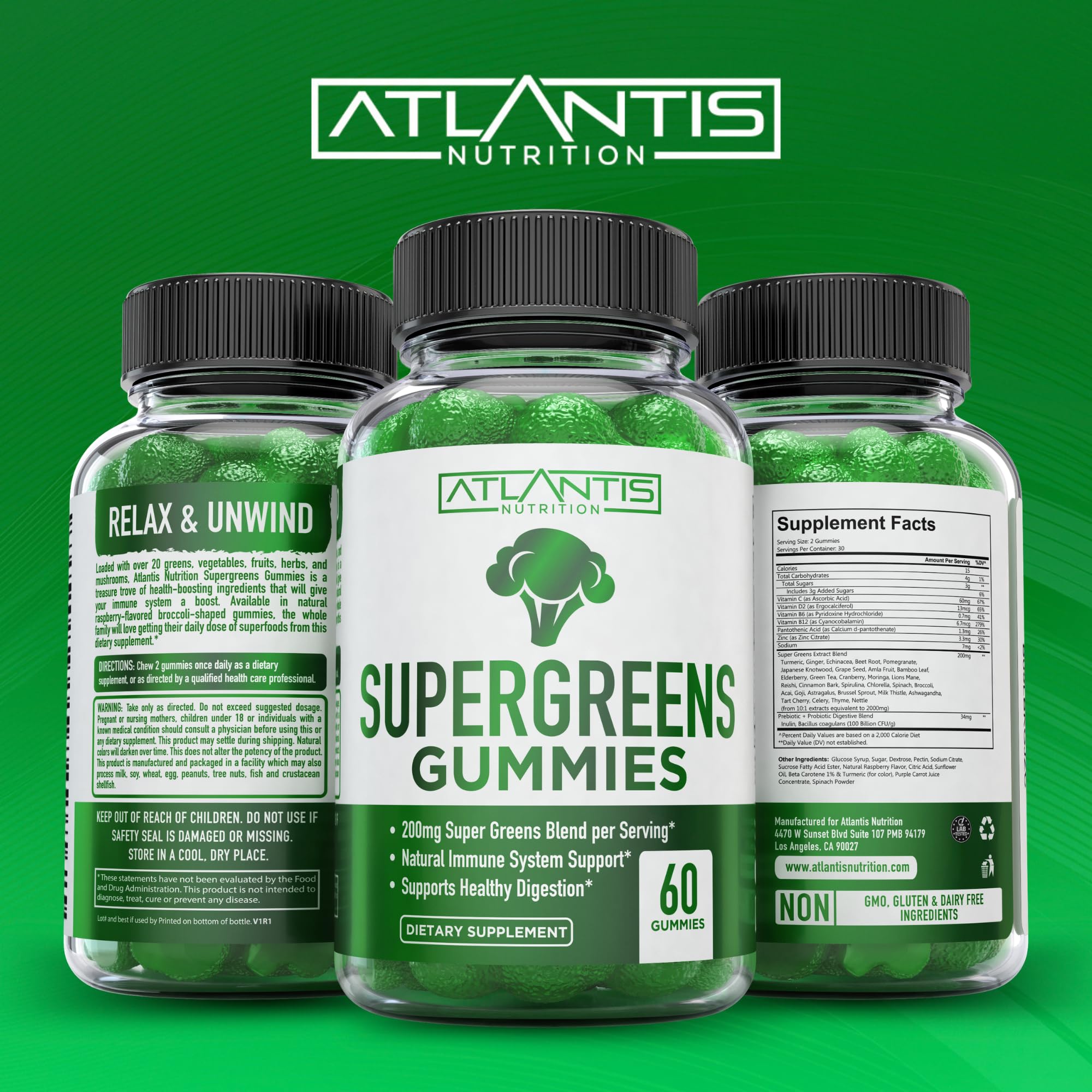 Atlantis Nutrition Supergreens Gummies - Daily Green Superfoods Supplement with Spinach, Broccoli, Moringa, Beet Root, Celery, Green Tea, & Acai for Immunity Support - Natural Raspberry Flavor, 60 cnt — Amazon image 6