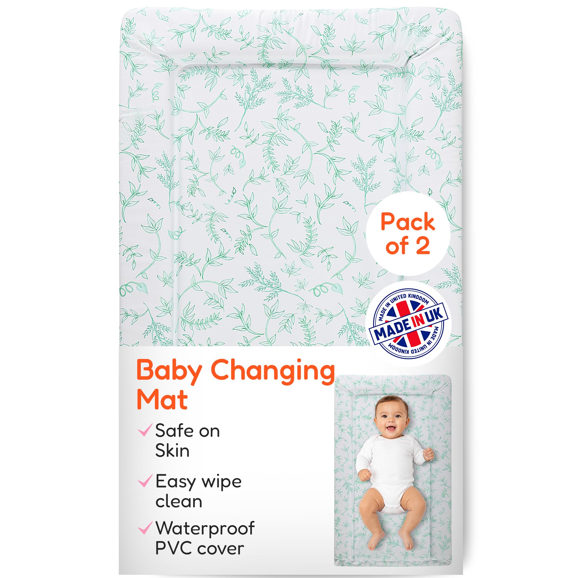 Baby Changing Mat - Extra Thick & Durable - Raised Edges - 76x45cm, 2 Pack