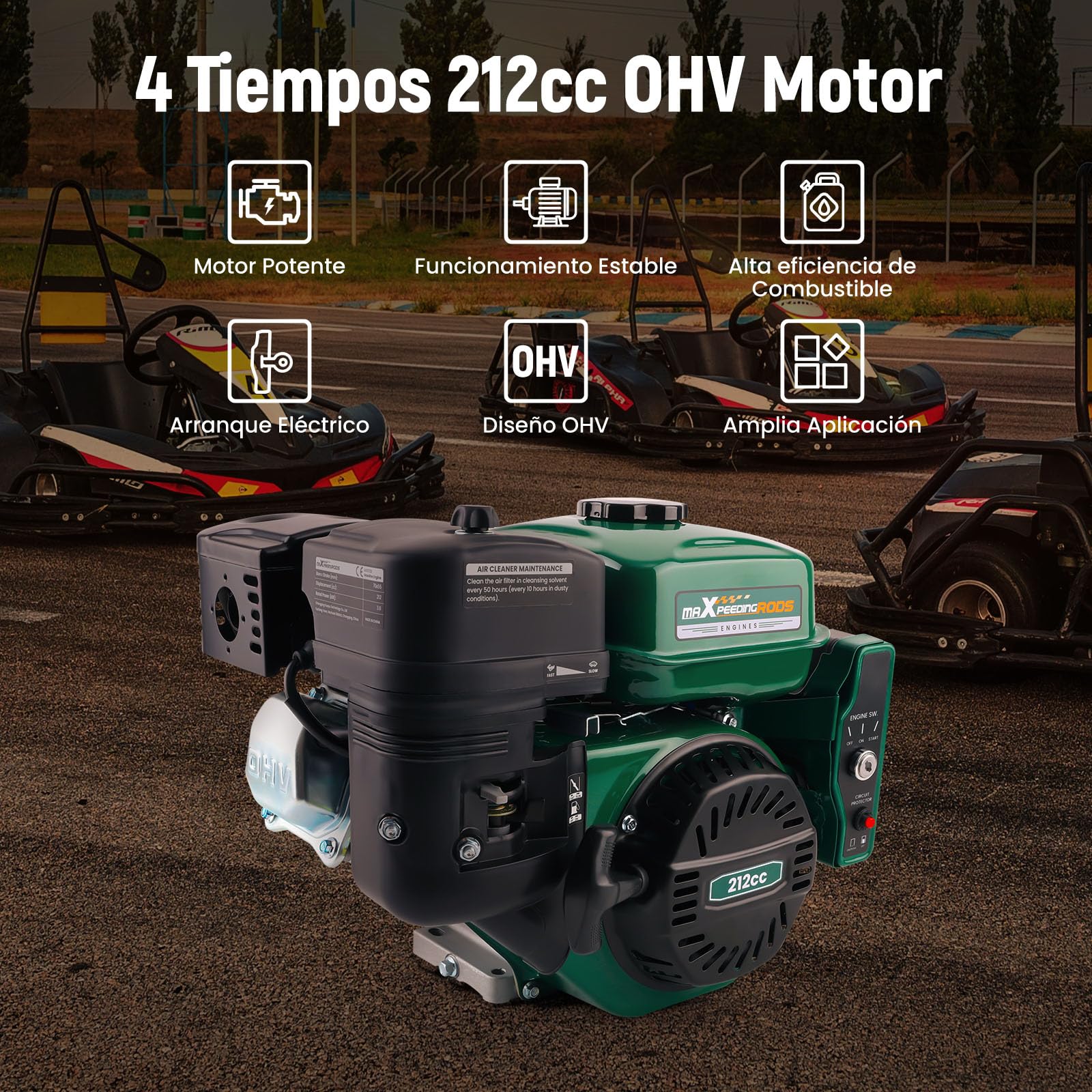 maXpeedingrods Elektryczny silnik benzynowy 7 KM, silnik stojący, silnik kartowy, silnik benzynowy o średnicy 19 mm, 4-suwowy silnik OHV 212 cc, 1-cylindrowy silnik benzynowy, chłodzony powietrzem