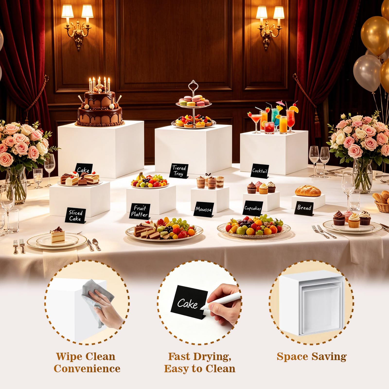 Lot de 8 Présentoirs de Buffet et Apéritif en Acrylique, 3/4/5/6/7/8/9/10 Pouces Presentoir Aperitif Buffet Cube avec 8 Mini Sign Presentoir pour Gâteaux, Desserts, Pâtisseries, Bijoux, Mariages