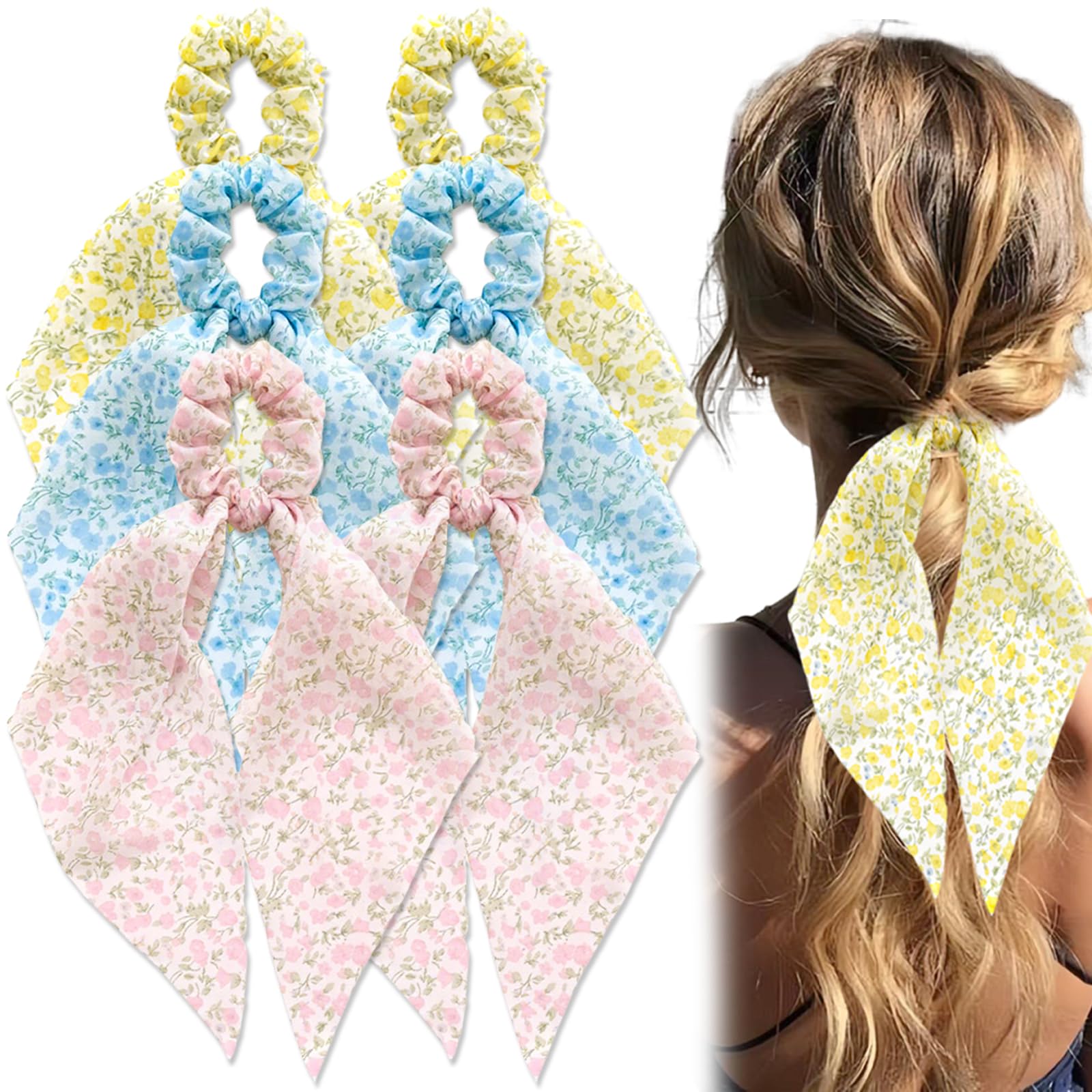 6 PCS Bow Hair Ties Elastic Hairband Long Ribbon Ponytail Scrunchies Floral Hair Scarf Ponytail Holder Bow Scrunchies Hair Accessories Multicolor For Women and Girls