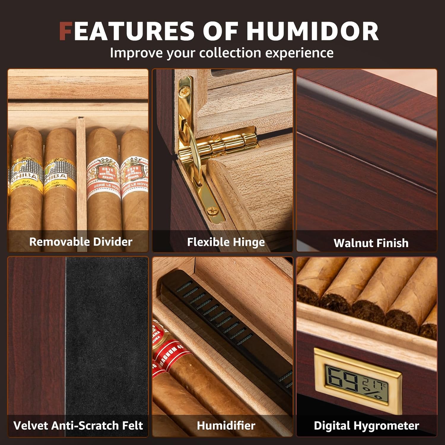 Flauno Cigar Humidor, Spanish Cedar Wood Humidor with Accurate Digital Hygrometer, Humidifier, Divider, Handcrafted Cigar Humidor Box Holds 40-60 Cigars, Gift for Cigar Lovers - Image 6