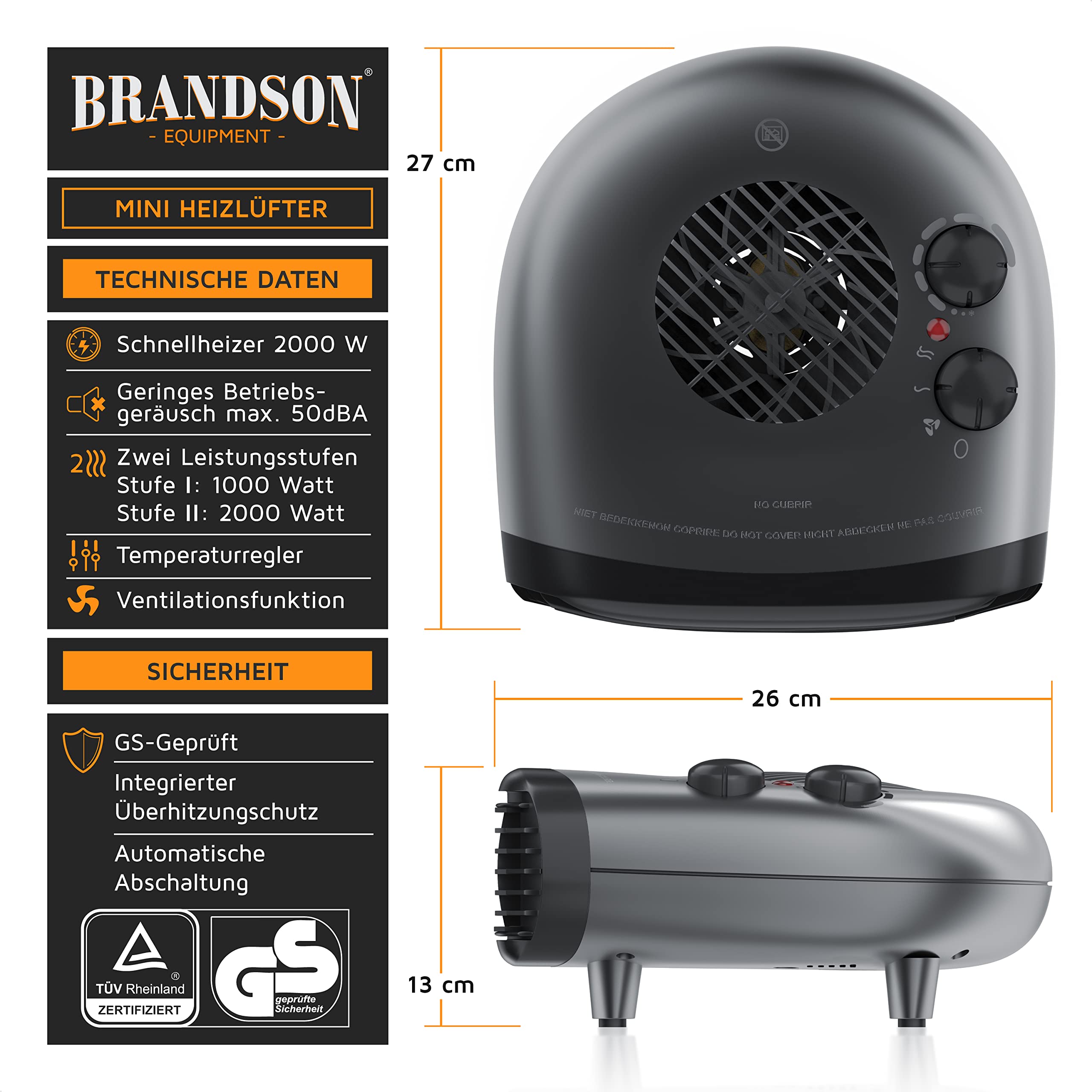 Brandson - Heizlüfter energiesparend leise - 3 Leistungsstufen - Heizlüfter Bad mit Thermostat - Betriebsanzeige - 2000W - geräuscharm energieeffizient - Überhitzungsschutz, automatische Abschaltung