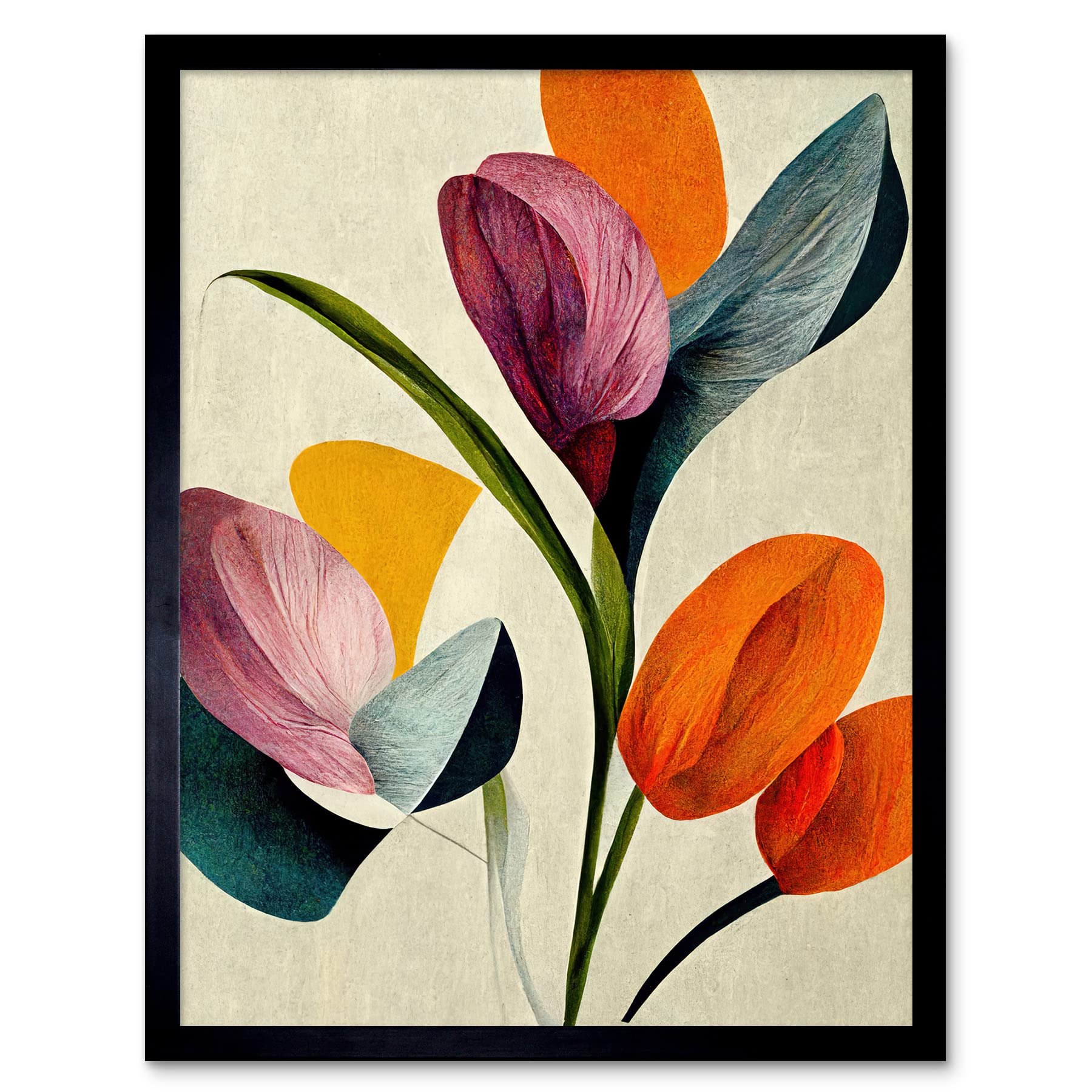 Wee Blue Coo Spring Flowers Floral Bouquet Bold Abstract Boho Coral Mustard Art Print Framed Poster Wall Decor 12x16 inch