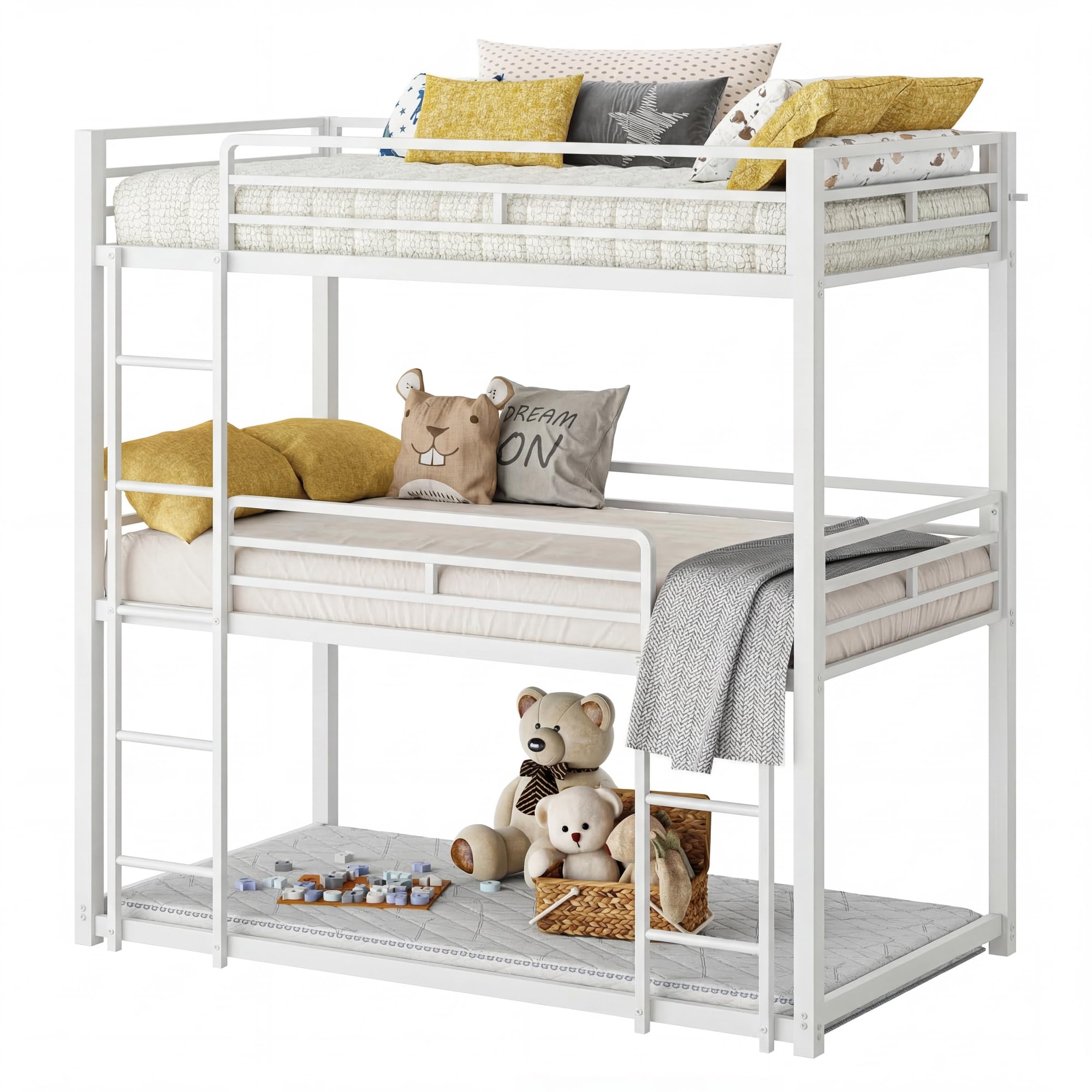 Triple Bunk beds, Bunk Beds Twin Over Twin Over Twin, Metal Bed Frame with Guardrails for Bedroom, No Box Spring Needed, White *** SEE DETAILS