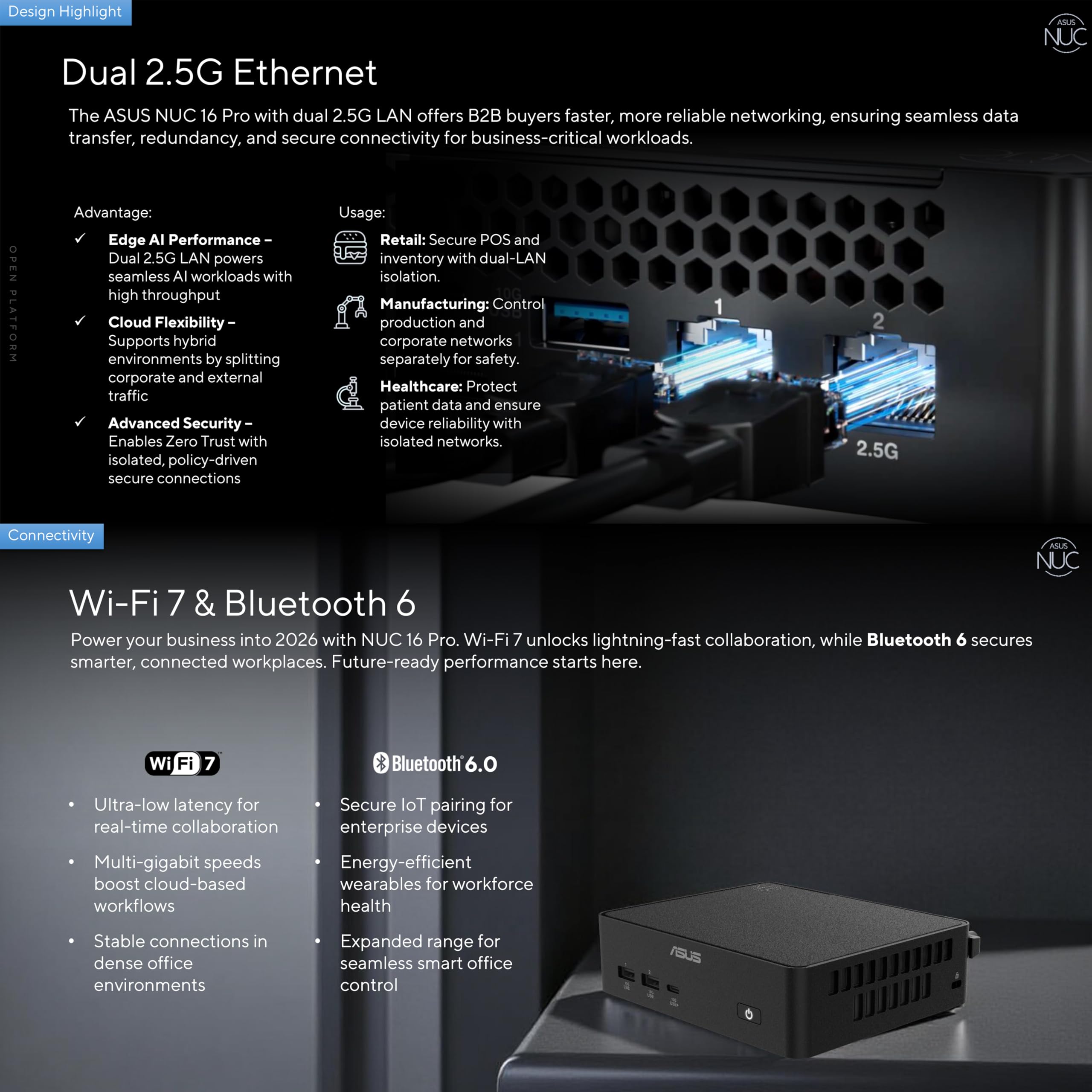 NUC 16 Pro Mini PC NUC16GDKX76C4H6, processore Intel Core Ultra 7 (358H) AI, RAM DDR5 integrata da 32 GB, SSD da 1 TB, grafica Intel Arc, Wi-Fi 7 e Bluetooth 6.0, doppia LAN da 2,5 G per Business Edge