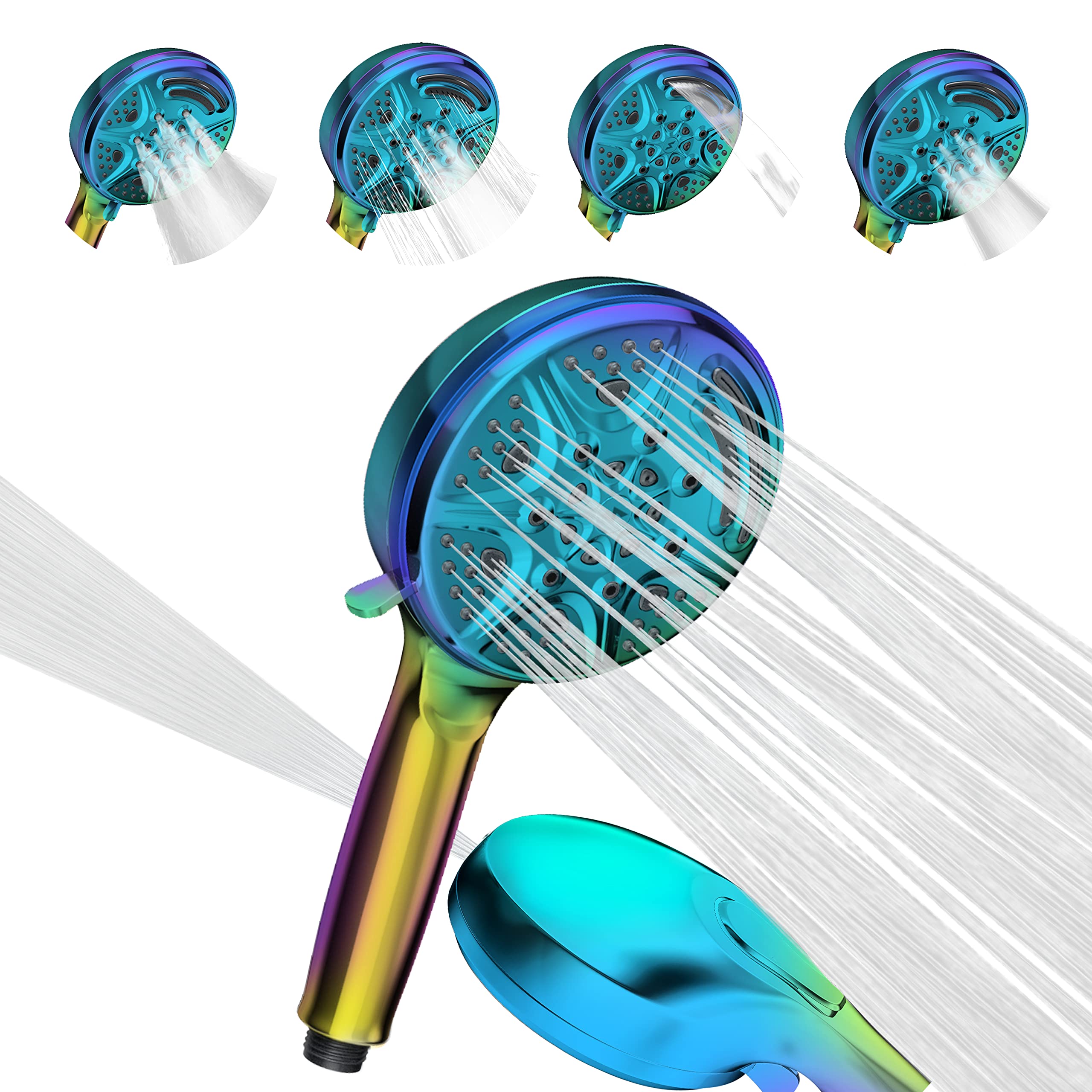 SparkPod 5 Inch 9 Spray Setting Shower Head - Handheld High Pressure Jet with On/Off Switch, Pause and Waterfall Setting- Premium ABS Removable Handheld Shower Head (Handheld Only, Radiant Rainbow)