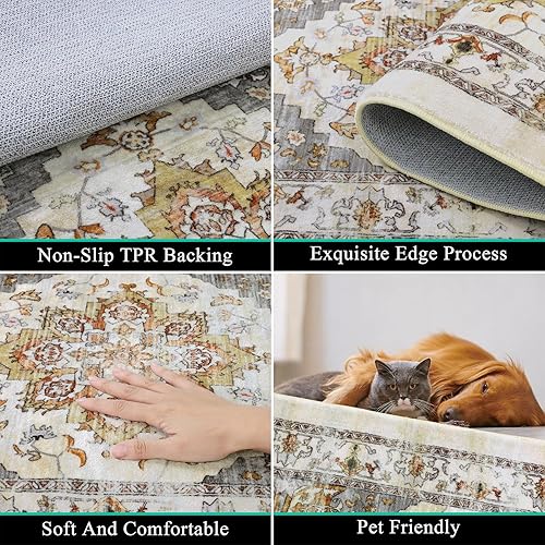 Miniatura 4 de Bsmathom Alfombra vintage de 2 x 6 pies, antideslizante, no desprende pelusa, alfombra de pasillo de lana sintética envejecida, lavable a máquina,