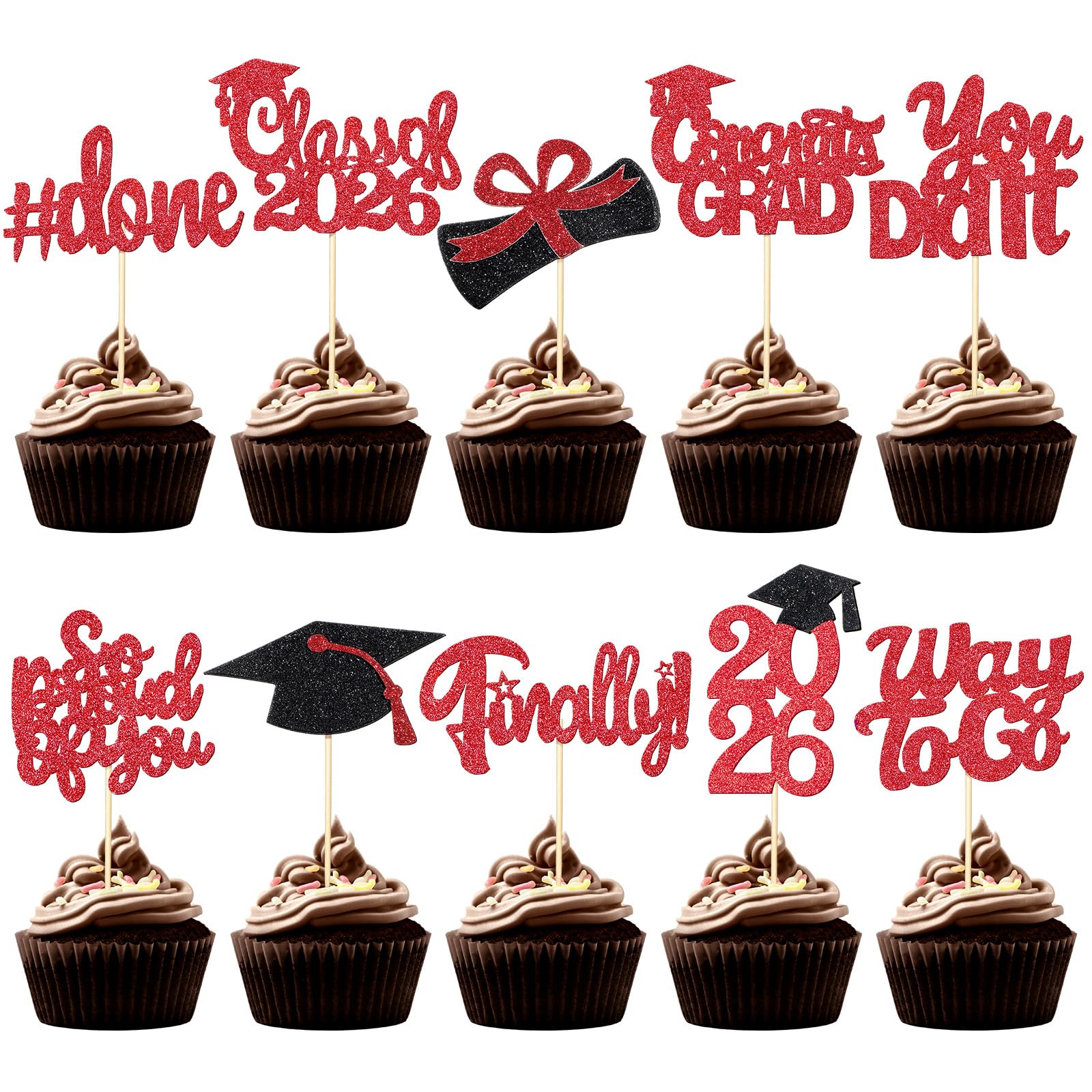 FoldTier 100 Pcs Graduation Cupcake Toppers Congrats Grad Class of 2026 Graduation Cupcake Picks Toppers Diploma Supplies for Party Decorations(Red)