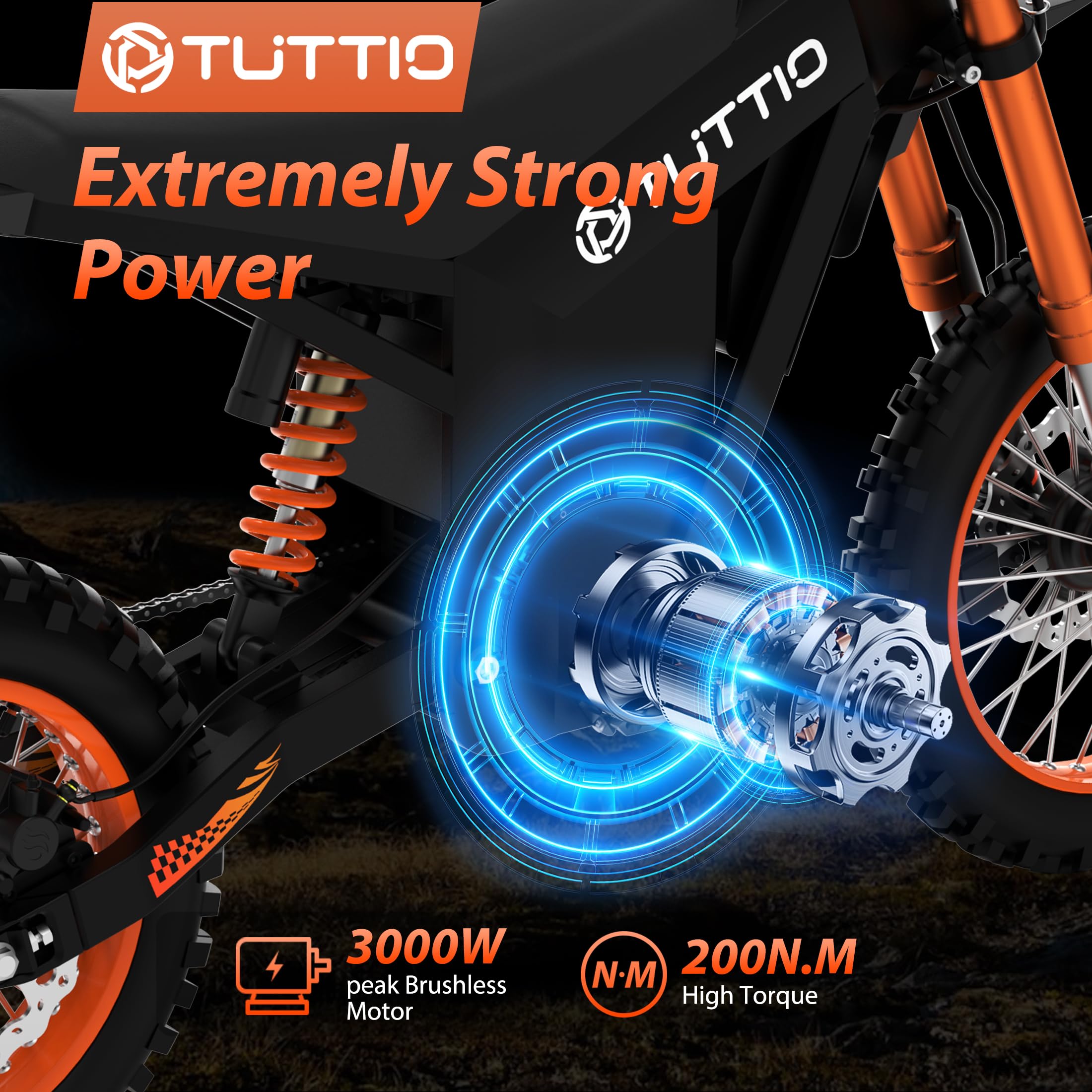 Tuttio Soleil01 Electric Dirt Bike 3000W 40MPH 200NM Off Road Ebike | 48V 21AH Battery 45Miles 1412 Fat Tire Electric Mountain Bike Full Suspensions E-Motorcycle For Adults Teens product thumbnail 4
