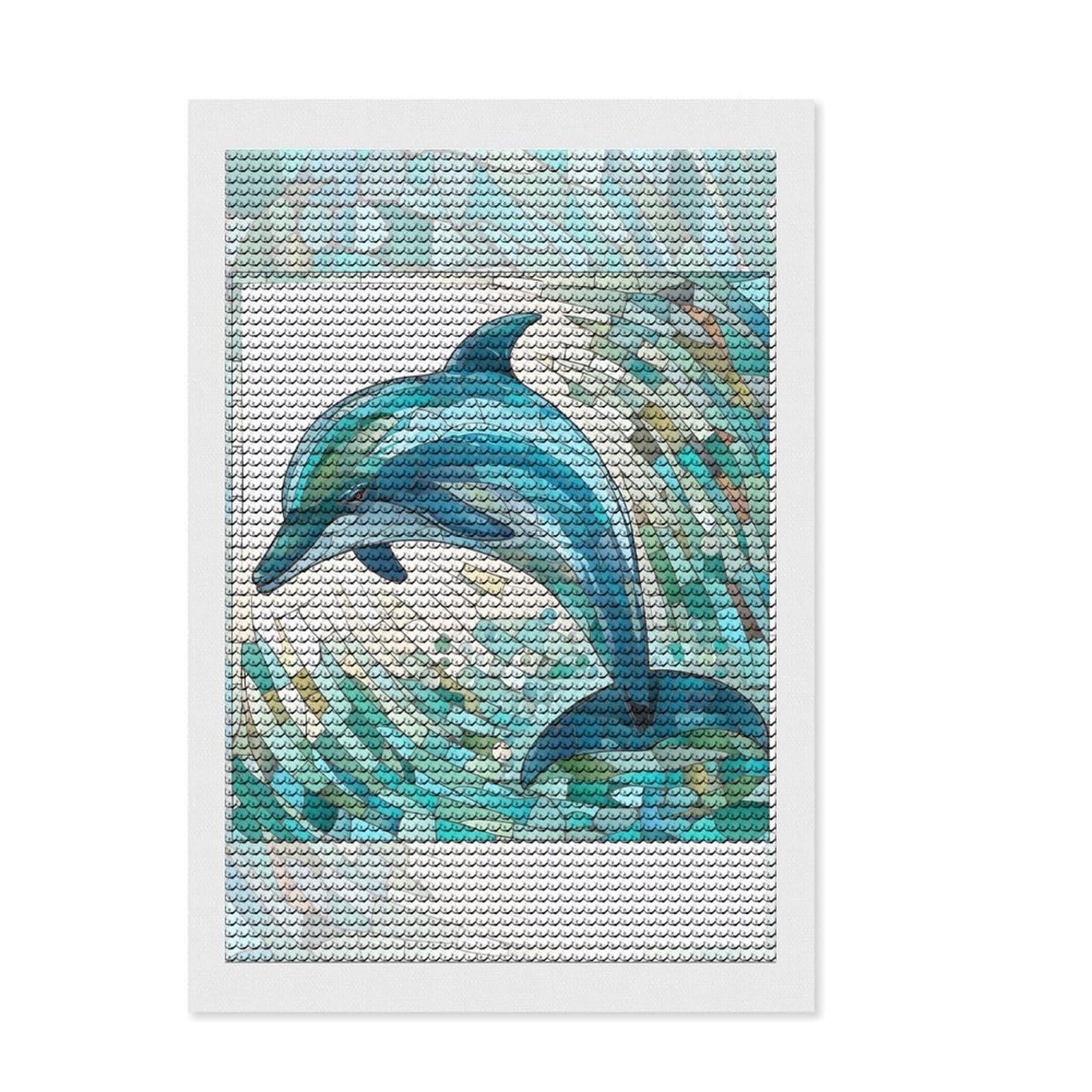 Junmoney Stained Glass Dolphin Diamond Art Kit 8"x12", Modern Decor, Vintage Style Decor, with Tool Kit, Easy Craft Set, Stress Relief Craft