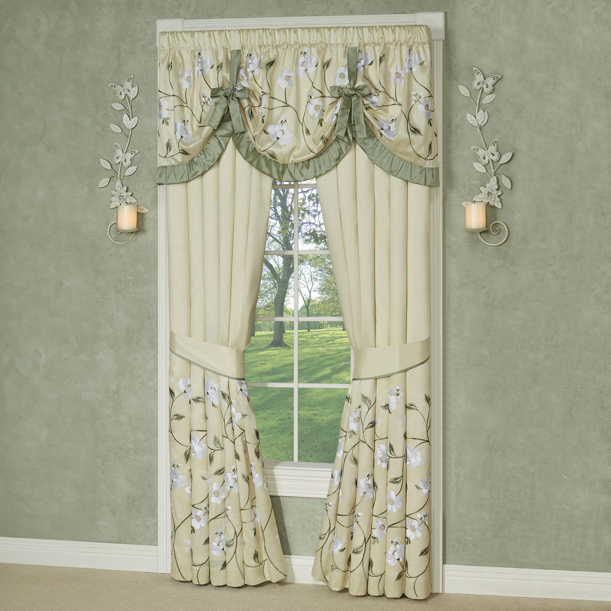 J. Queen New York Luxurious Garden Walk Window Treatment | Sophisticated Polyester Faux Silk Magnolia Flower Embroidery | Vanilla Cream Sage | 2 Piece Lined Tie-Up Valance, Wide Curtain Pair