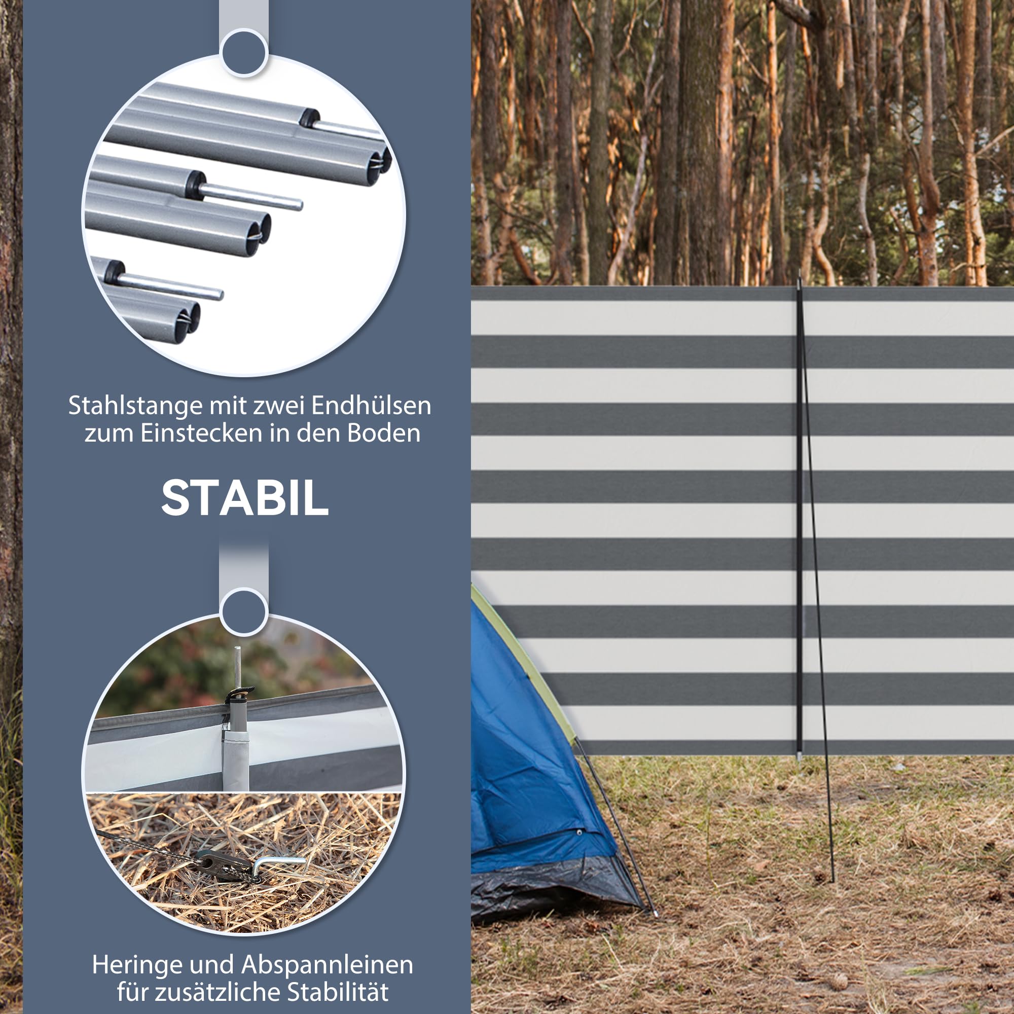 Outsunny Windschutz Camping Sichtschutz 540 x 150 cm mit 4 Stahlstangen Tragetasche