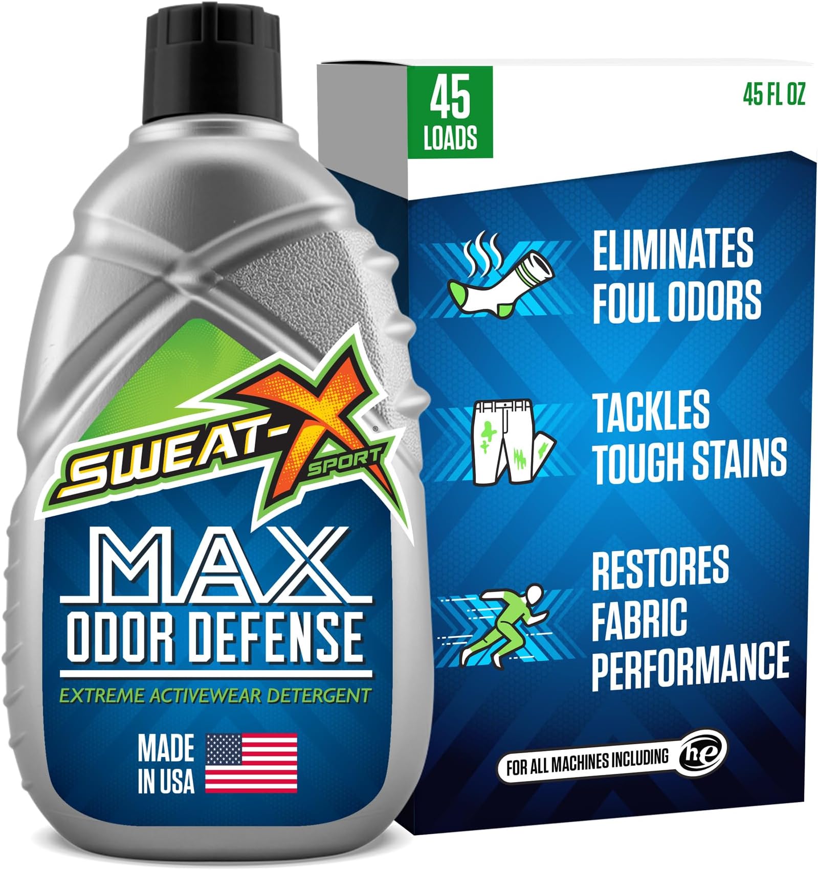 Sweat X Max Odor Defense Laundry Detergent – Remove the Worst Odors & Toughest Stains – High Performance Sports Wash for Training Gear & All Fabric Types – 45 Loads – 1 Pack