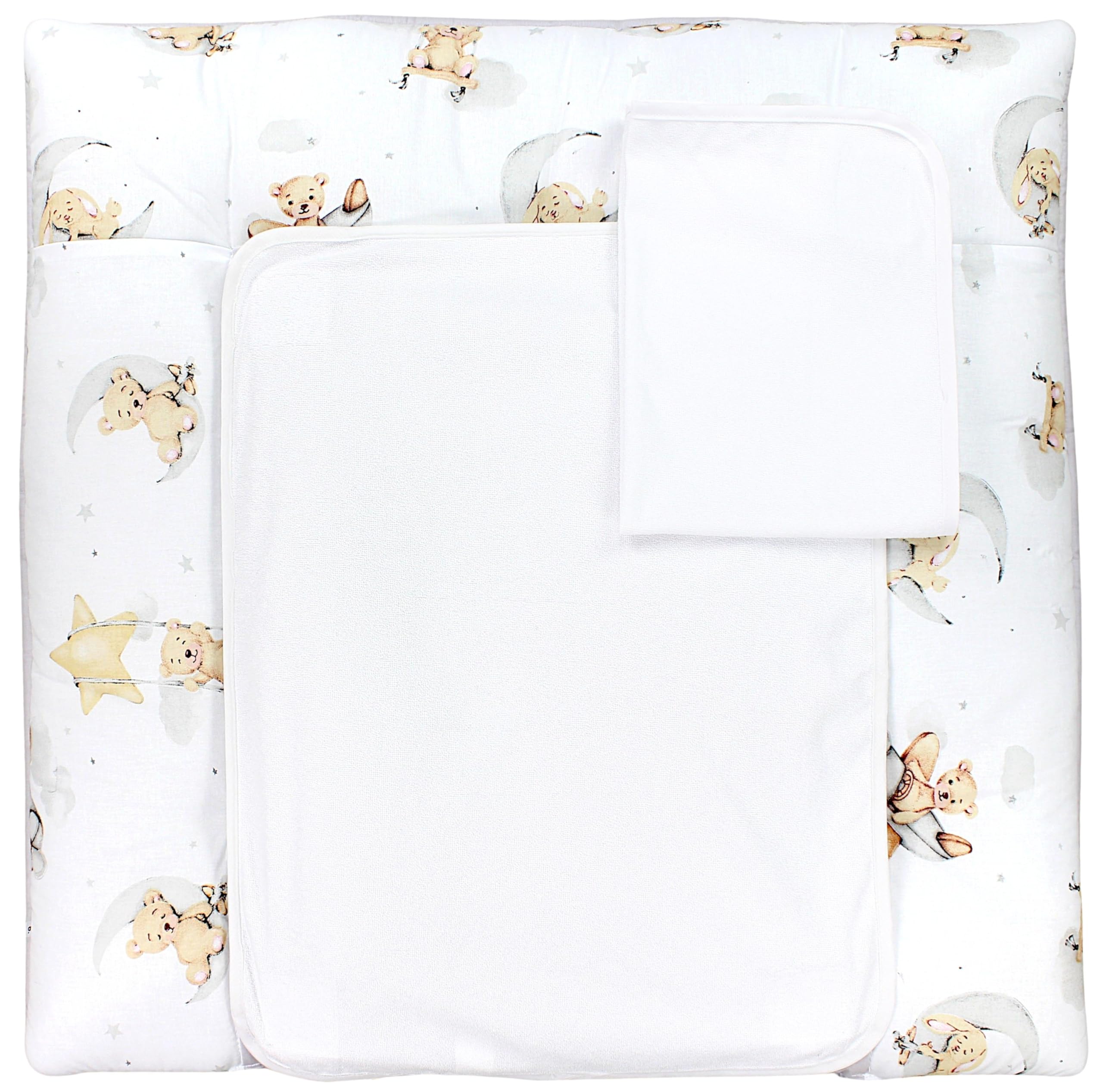 TupTam Wickelauflage mit 2 wasserfesten Frotteebezügen – weich gepolstert & hautfreundlich MAR02579, Farbe: Bärchen Kaninchen Grau/Beige, Größe: 75 x 80 cm