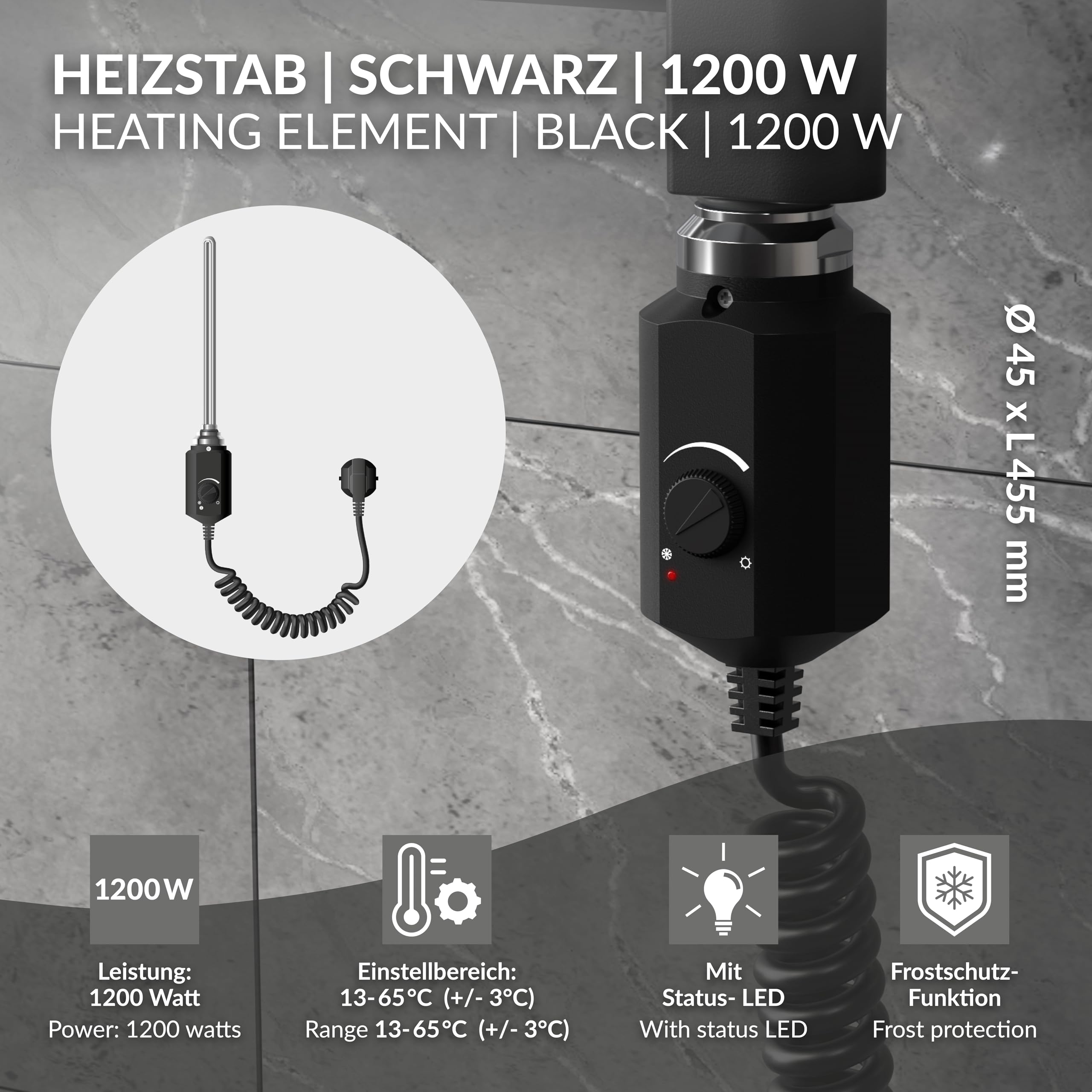 LuxeBath Heizstab 1200W Schwarz für Badheizkörper, Heizpatrone mit Thermostat für Heizkörper, Elektronischer Temperaturregler, Heizelement mit Stecker, Elektroheizstab für Heizungen & Handtuchtrockner
