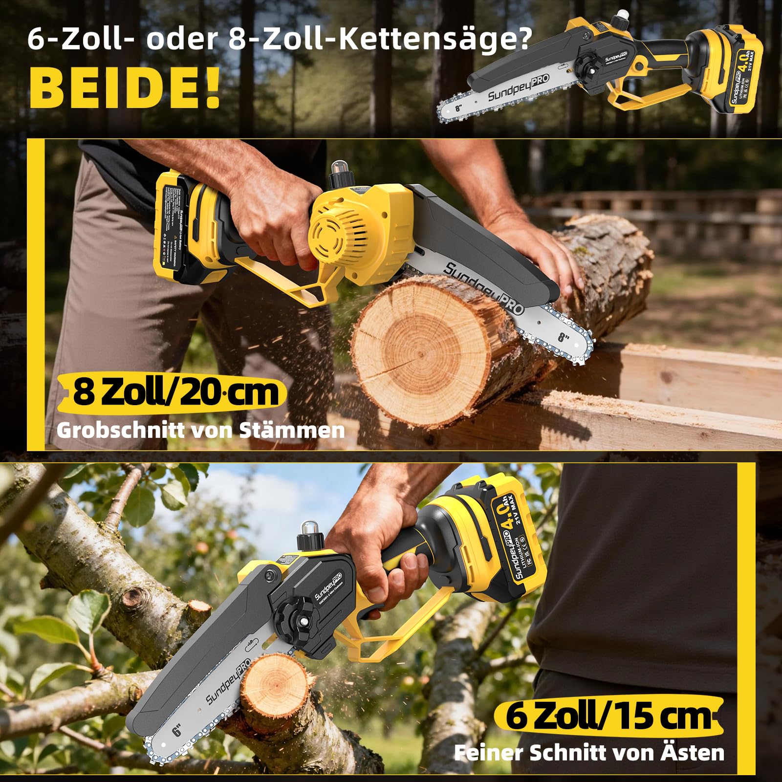 Mini Akku Kettensäge 8 & 6 Zoll - 21V Bürstenlose Kleine Kettensäge mit Akkus 8000mAh, Werkzeugloser Kettenspannung und Öler，Handkettensäge, Akku-Säge zum Beschneiden von Holz, Ästen