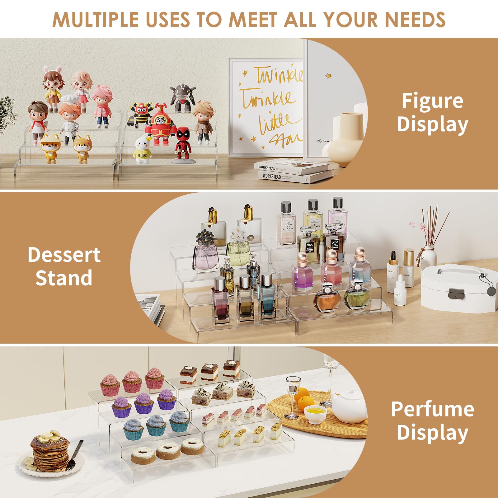 Anglelife 8 Pcs Widen Rectangle Display Stand, Clear Acrylic, 4 Levels, No Assembly Required 4