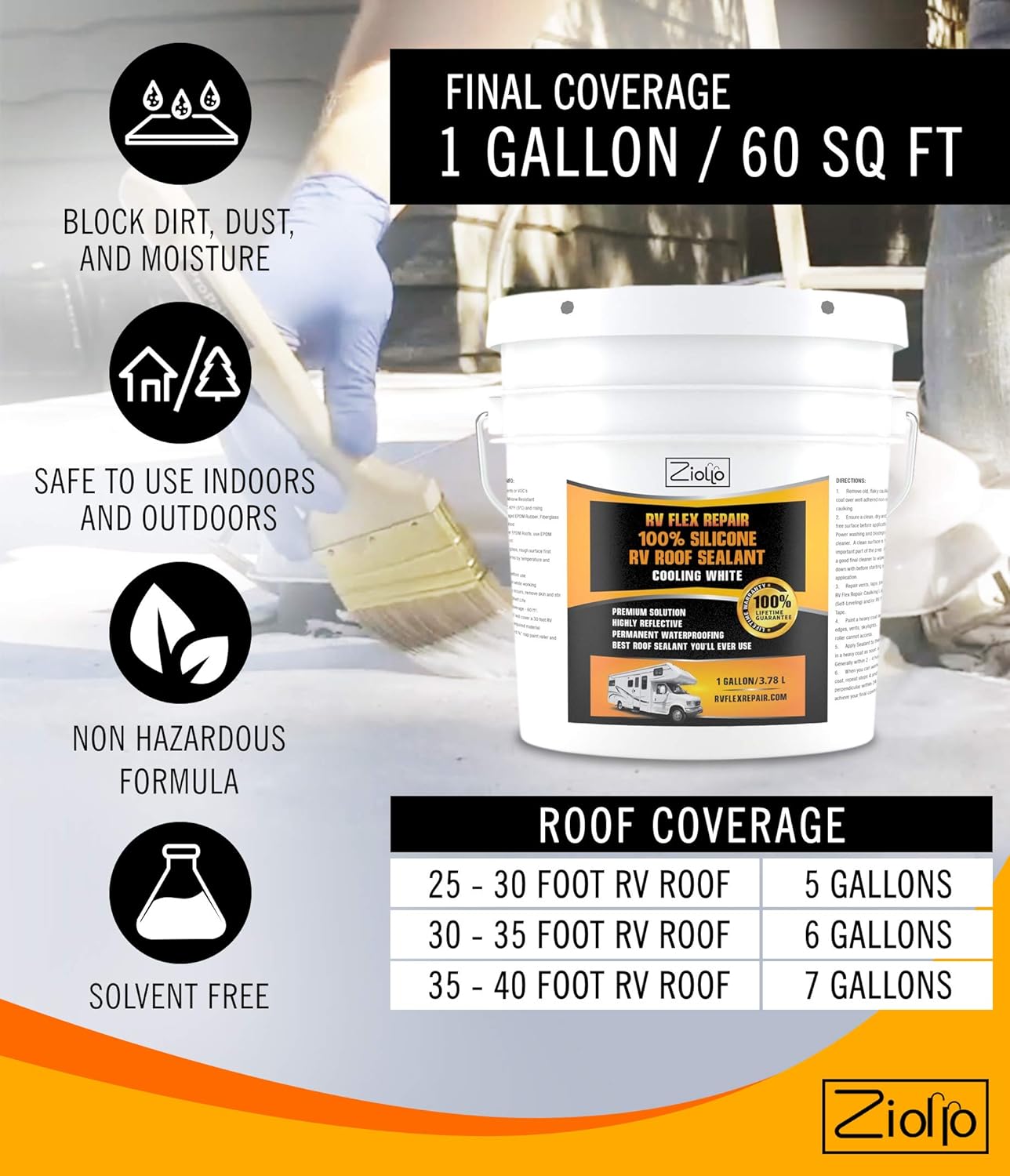 Ziollo RV Flex Repair 100% Silicone RV Roof Sealant - EPDM Rubber Coating to Waterproof Metal and Fiberglass on Motorhomes, Trailers, Campers (White, 1 Gallon) : Automotive