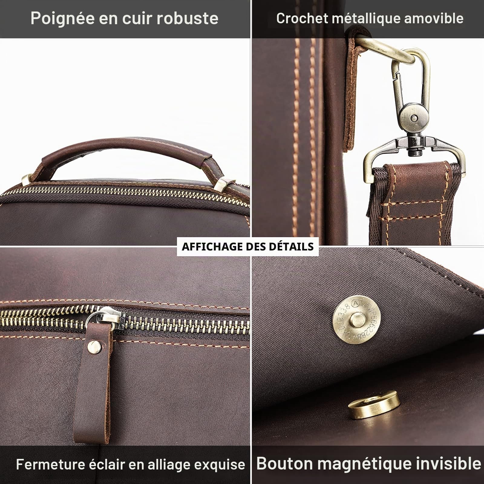 Contacts Sac à bandoulière en cuir pleine fleur pour homme - Convient aux tablettes de 9,7" - Pour le travail, le bureau, les affaires, les sacs à main avec porte-clés et porte-cartes