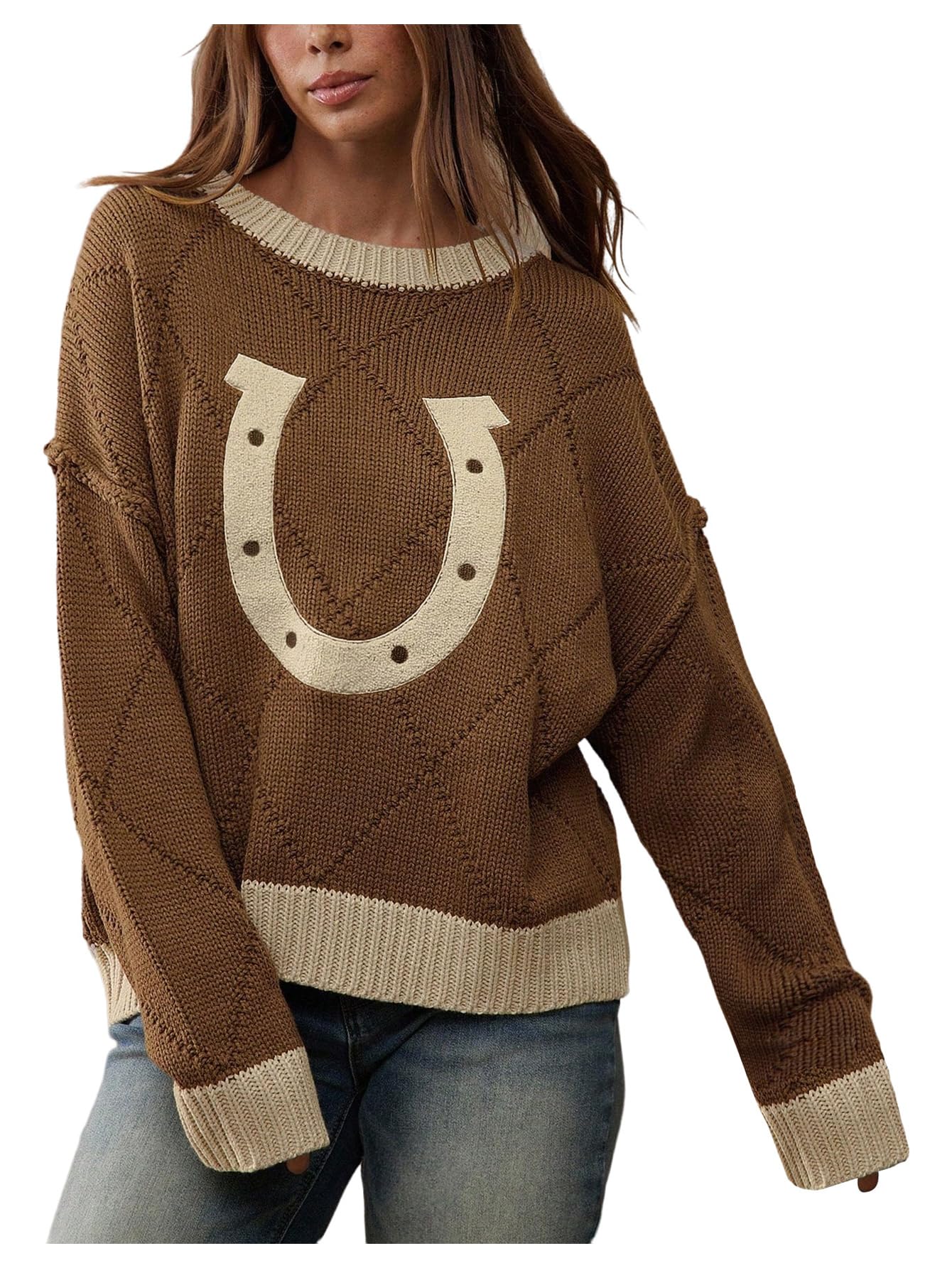 Womens Letter Embroidered Knit Sweater Crew Neck Long Sleeve Pullover Sweaters