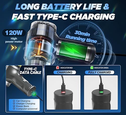 Miniatura 4 de Aspiradora de mano sin cable 3 en 1, motor sin escobillas de alta potencia, 12000 PA, aspiradoras de súper potencia de succión, limpiador pequeño,