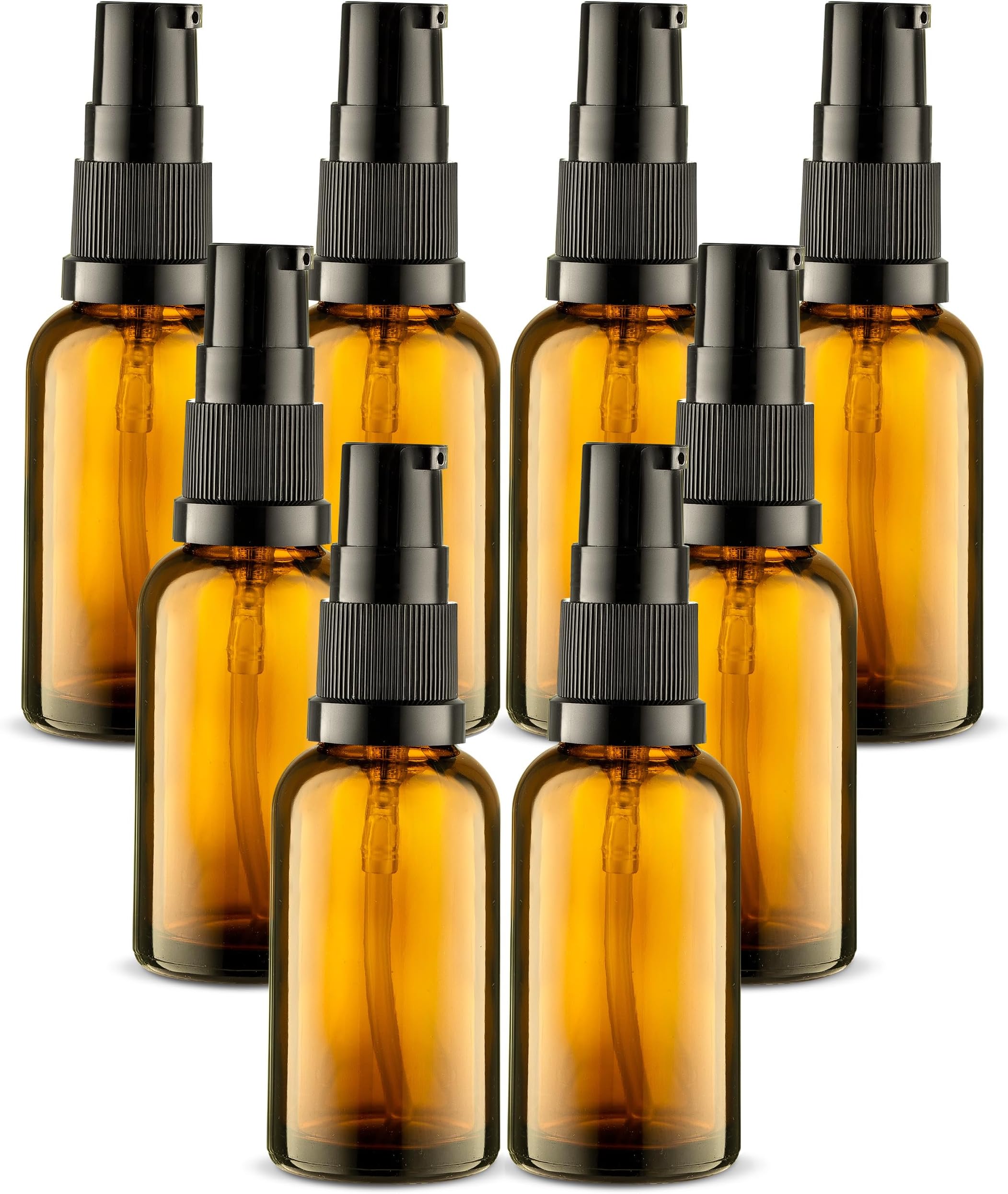 VitalUp8 Pack Empty Refillable Glass Amber Pump Bottle Ideal for Lotion Cream Essential Oil Travel Small Container, 30ml