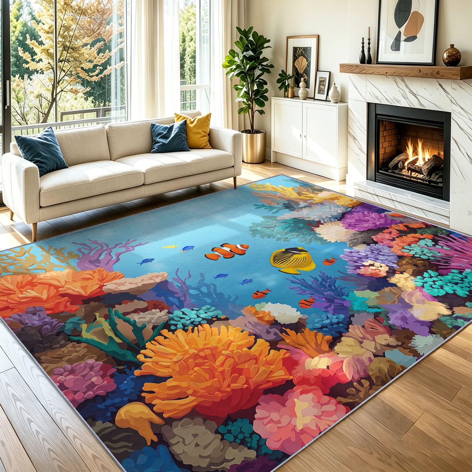 Tapis de chambre moderne à poils courts motif poissons tropicaux pour le bureau