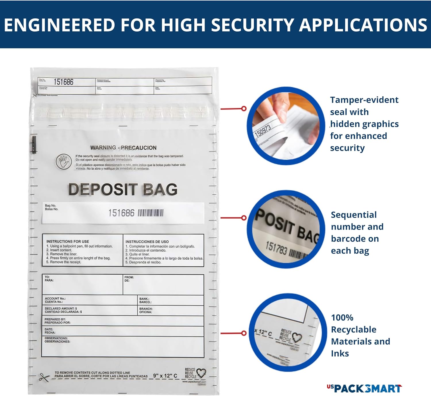 Clear Plastic Deposit Bags 9"x12" | Secure Bank Deposits, Cash Handling or Safe Currency Transportation | Sequential Barcodes | Tamper-Evident | Tear-Off Receipt for Security | 100-Pack - Image 3