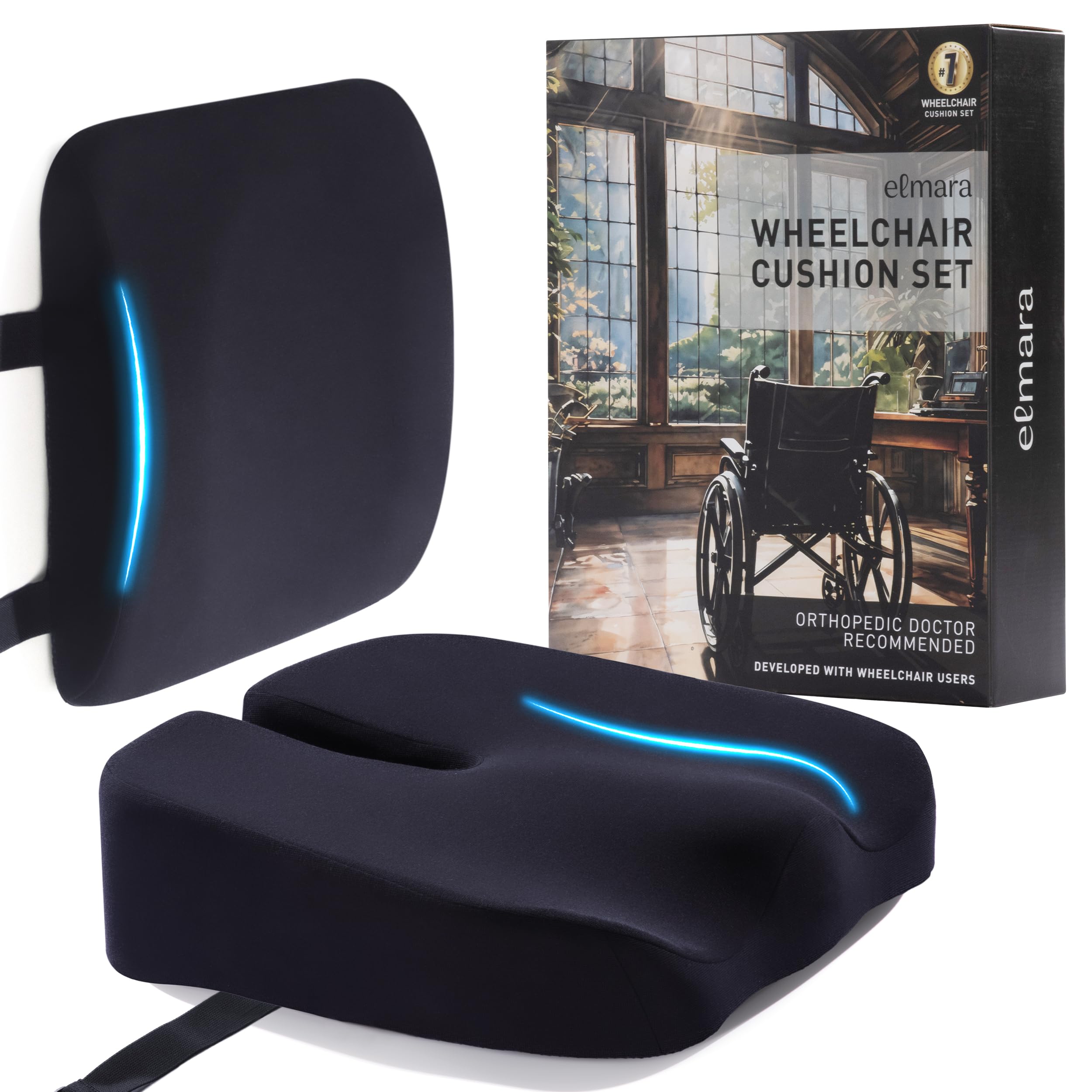 ElmaraWheelchair Cushion – 4" Thick Wheelchair Seat Cushion & Wheelchair Back Cushion (2-PIECE SET) – Wheelchair Accessories, Mobility Scooter Accessories, Wheelchair Cushions for Pressure Relief