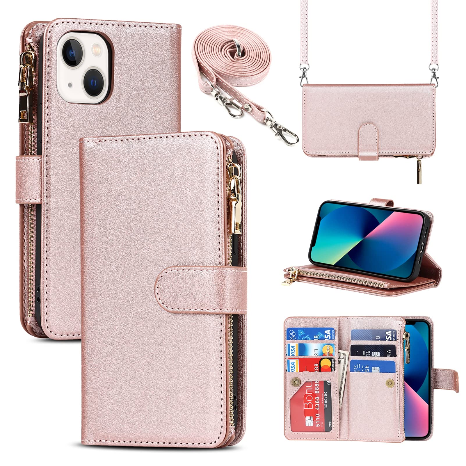 Jaorty Compatible with iPhone 13 Mini Wallet Case,[9 Card Slots] Removable Adjustable Crossbody Necklace Lanyard Shoulder Strap Zipper Magnetic Leather Case for iPhone 13 Mini,5.4 inch Rosegold