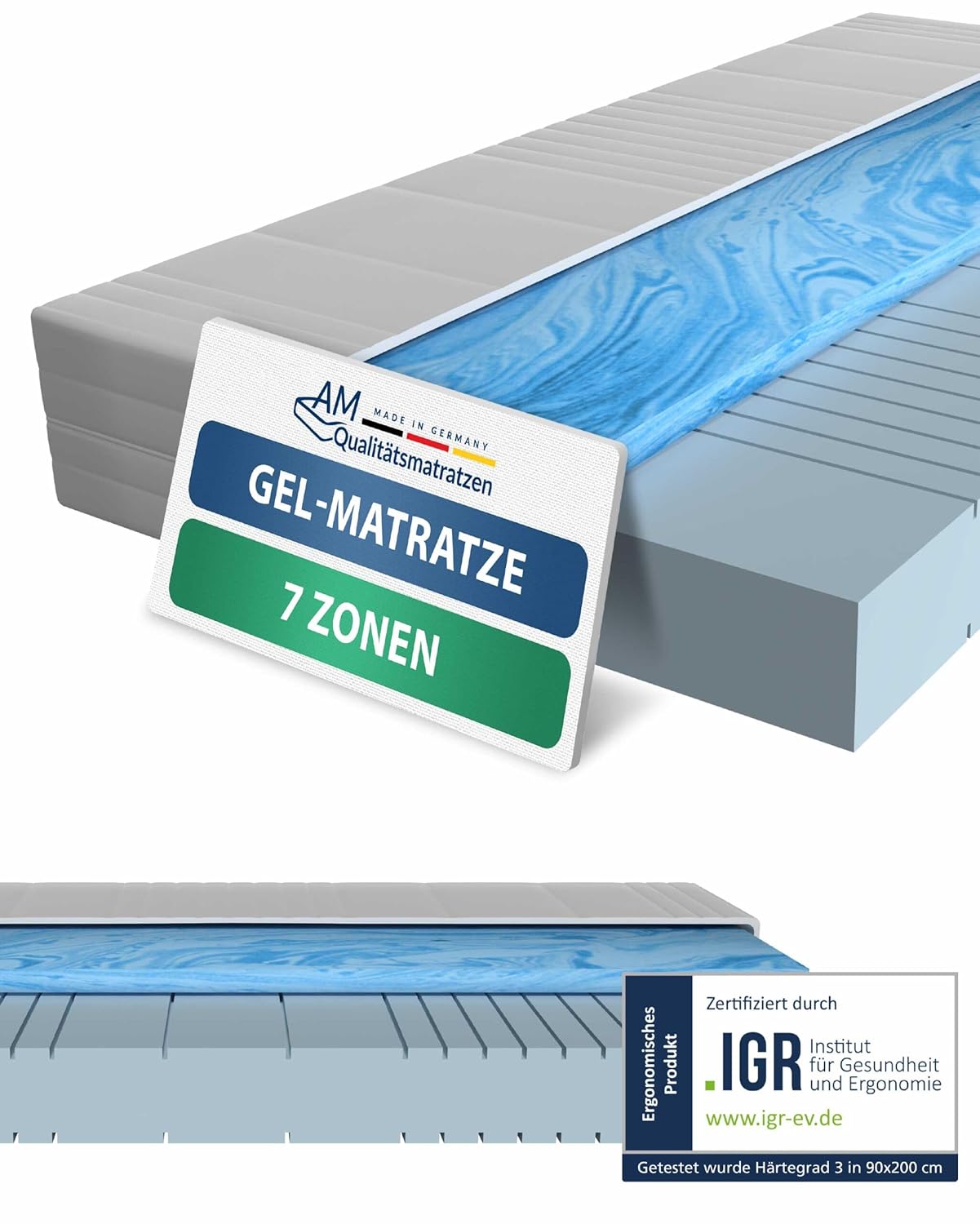 AM Qualitätsmatratzen – Gelschaum-Matratze 90x200cm H3 – Hochwertige Matratze mit 4cm Gelschaum-Auflage – 20cm Höhe – Made in Germany – 90 x 200