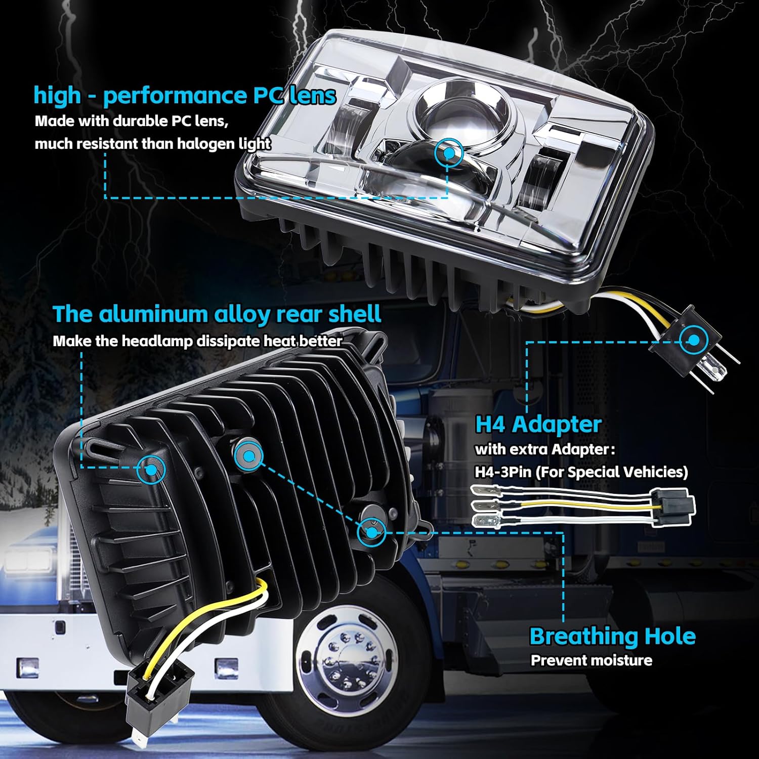 4x6 Inch LED Headlights Rectangular Light DOT Approved High/Low Beam Compatible with Peterbilt Kenworth Freightliner Replacement H4651 H4652 H4656 H4666 H6545 (1 pcs Chrome)