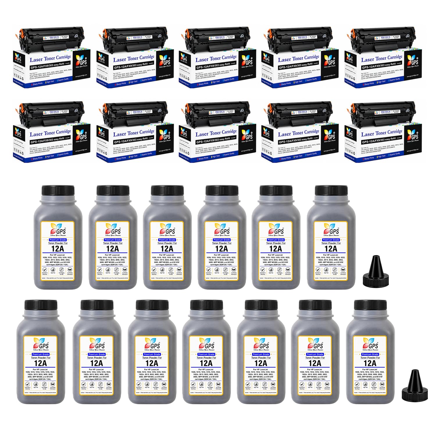 GPS 12A Easy Refill Toner Cartridge Pack of 10 with 13 Powder Bottles (100g x 13) Combo Compatible for HP LaserJet 1020 Plus, M1005, 1018 & Canon LBP 2900, 3000 | Black | Yield: 46,000 Pages Total-image-26