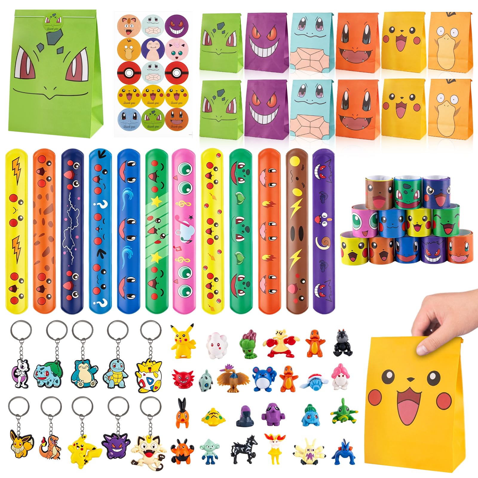 58-teiliges Geburtstags-Party-Set – Enthält 12 Geschenktüten, 24 Figuren, 10 Schlüsselanhänger, 12 Klatscharmbänder – Farbenfrohes Geschenk für Geburtstage