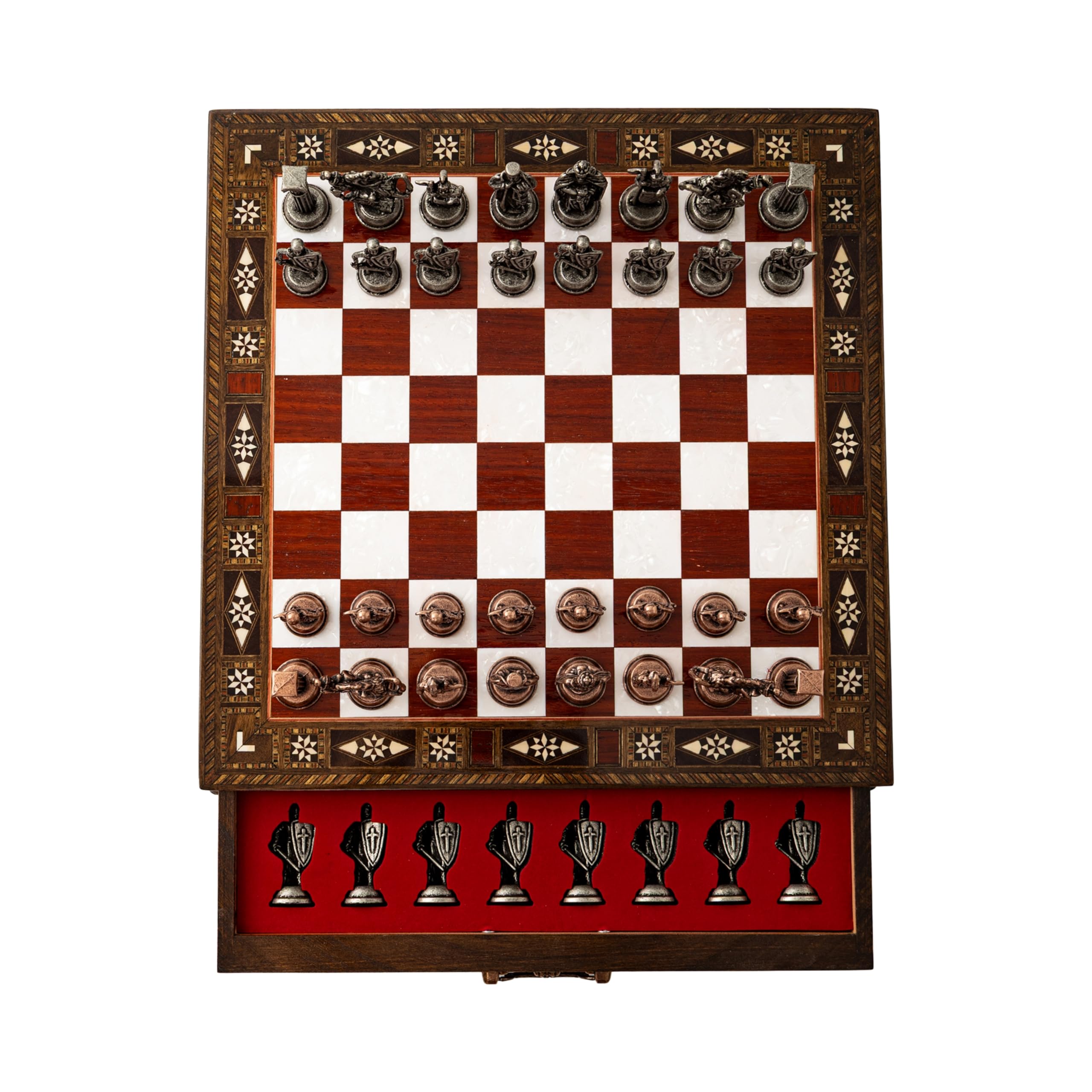 Luxury Handmade Wooden Chess Set with Metal Pieces – 12.2'' Decorative Storage Chess Board – British Themed Chess Pieces for Christmas, Birthday (Rose)