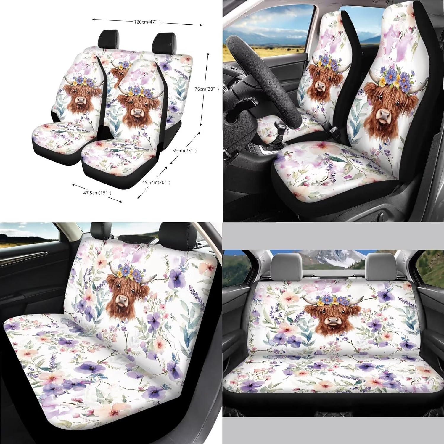 Wanyint Highland Cow Flower Violet Car Seat Cover for Women, with Steering Wheel Cover Seat Belt Strap Pad Rearview Mirror Handbrake Gear Shift Knob Cover Rubbish Bin Armrest Pad Coasters, 14 PCS image 2