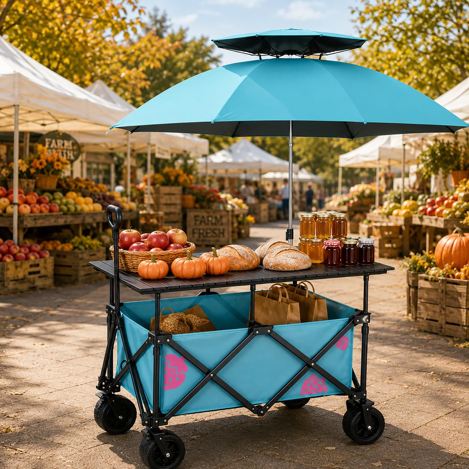Carrello da Vendita Pieghevole con Tavolo e Ombrellone per Mercatini | Vano da Circa 220 L, Ruote Piroettanti con Freno per Eventi all’Aperto(blue)