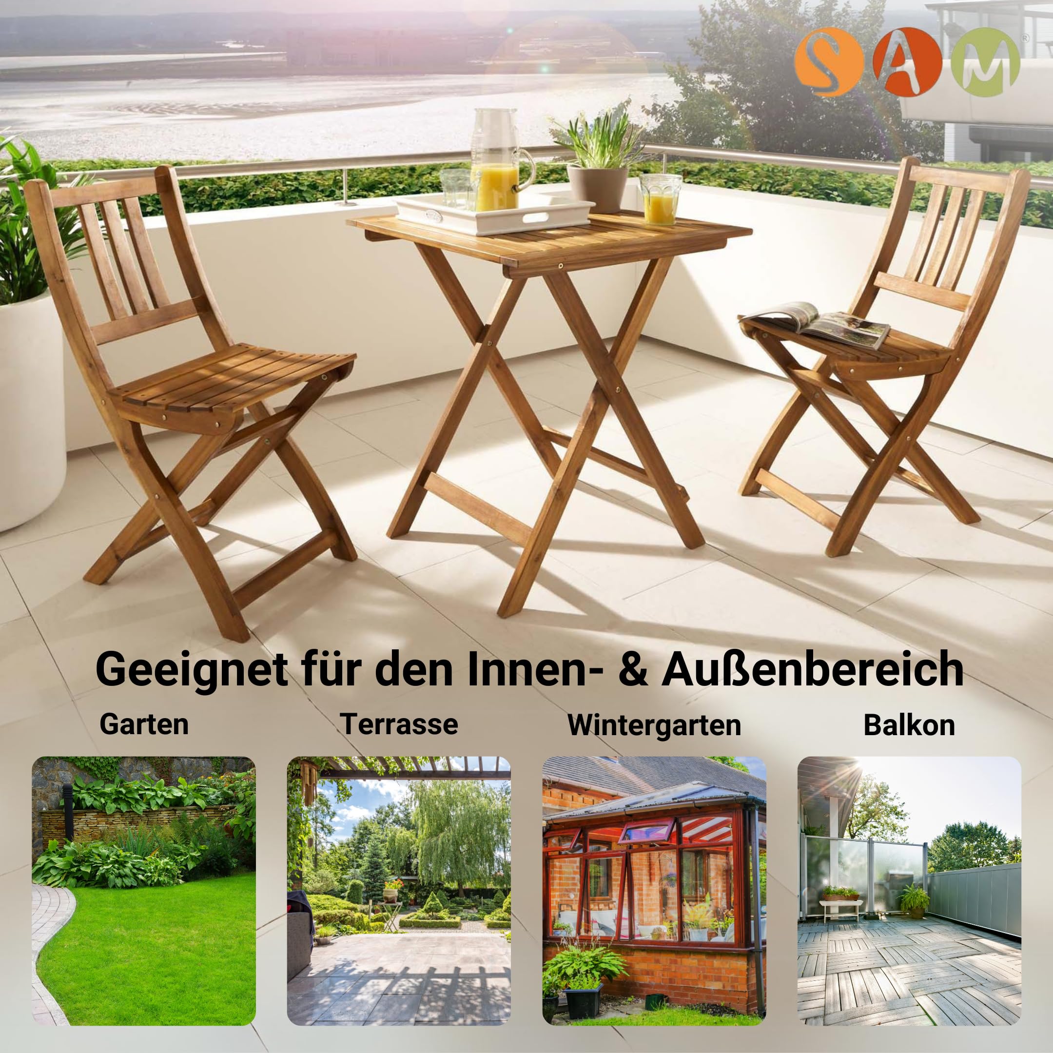Loreno Gatrtenstuhl 2er Set aus robustem Akazienholz Klappbar Holz | Gartenmöbel Set, Balkonstühle, Wetterfest & Pflegeleicht, Ideal für Garten & Terrasse