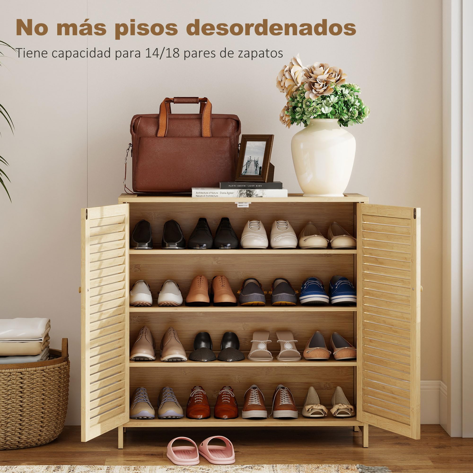 HOMCOM Mueble Zapatero de Bambú, Armario para Zapatos con Puertas de Persiana, Estantes Ajustables, para 14 Pares de Zapatos, Zapatero para Pasillo Recibidor, 80x35x80 cm, Natural