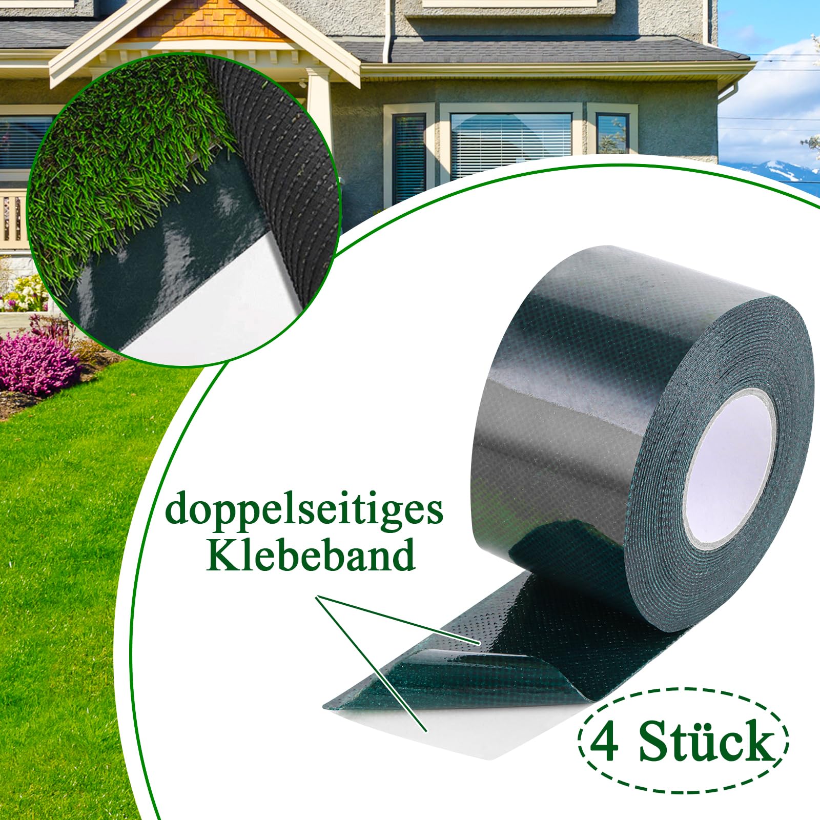 Lot de 4 rouleaux de ruban adhésif double face pour gazon artificiel - 5 cm x 5 m - Pour pelouse, prairie verte, extérieur, jardin, pelouse